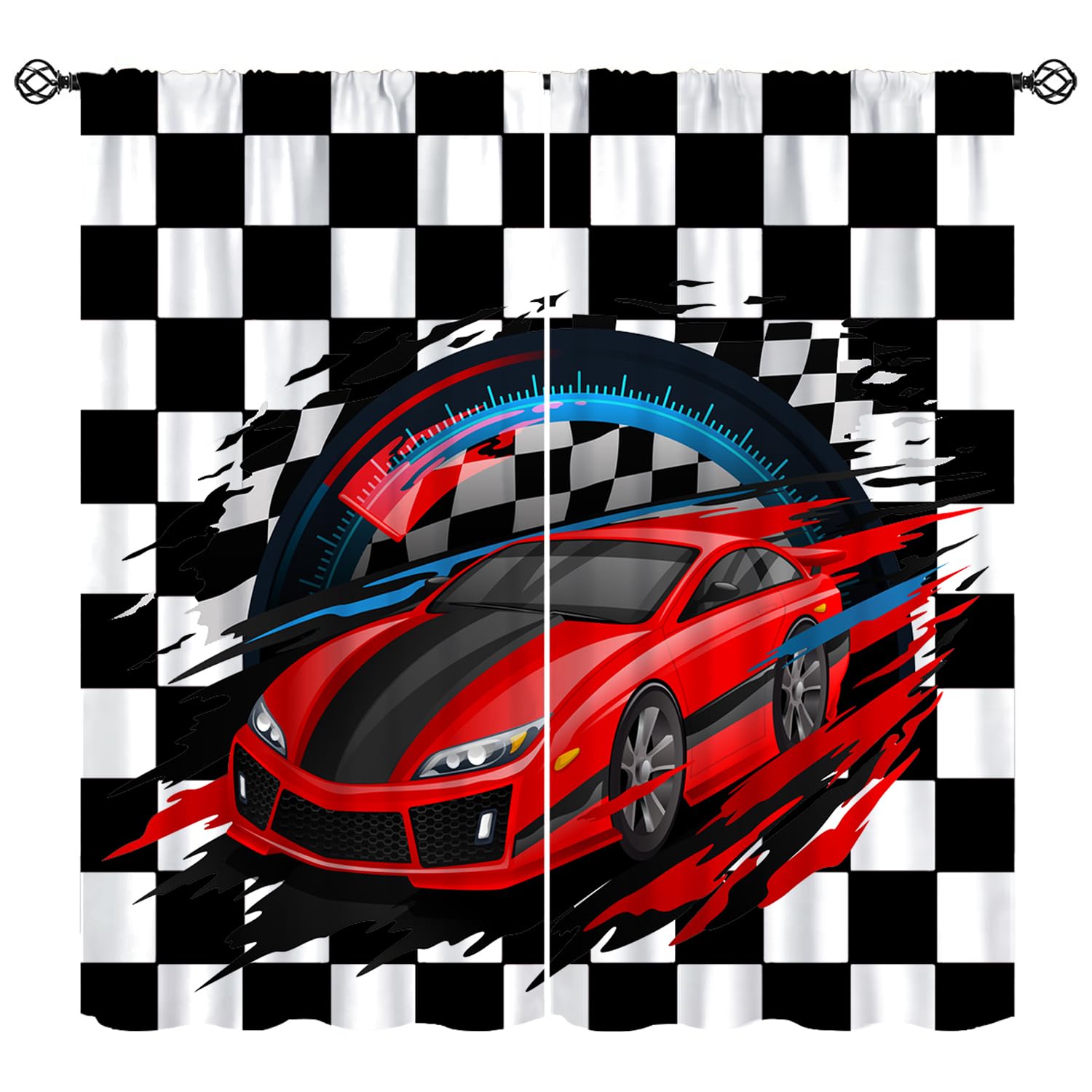 SHElifestyle Boys Race Car Window Curtains, Competition Extreme Sports Window Treatments for Kids Bedroom Construction Vehicles Black White Checkered Grid Drapes for Teens Men Bedroom W42 X L45