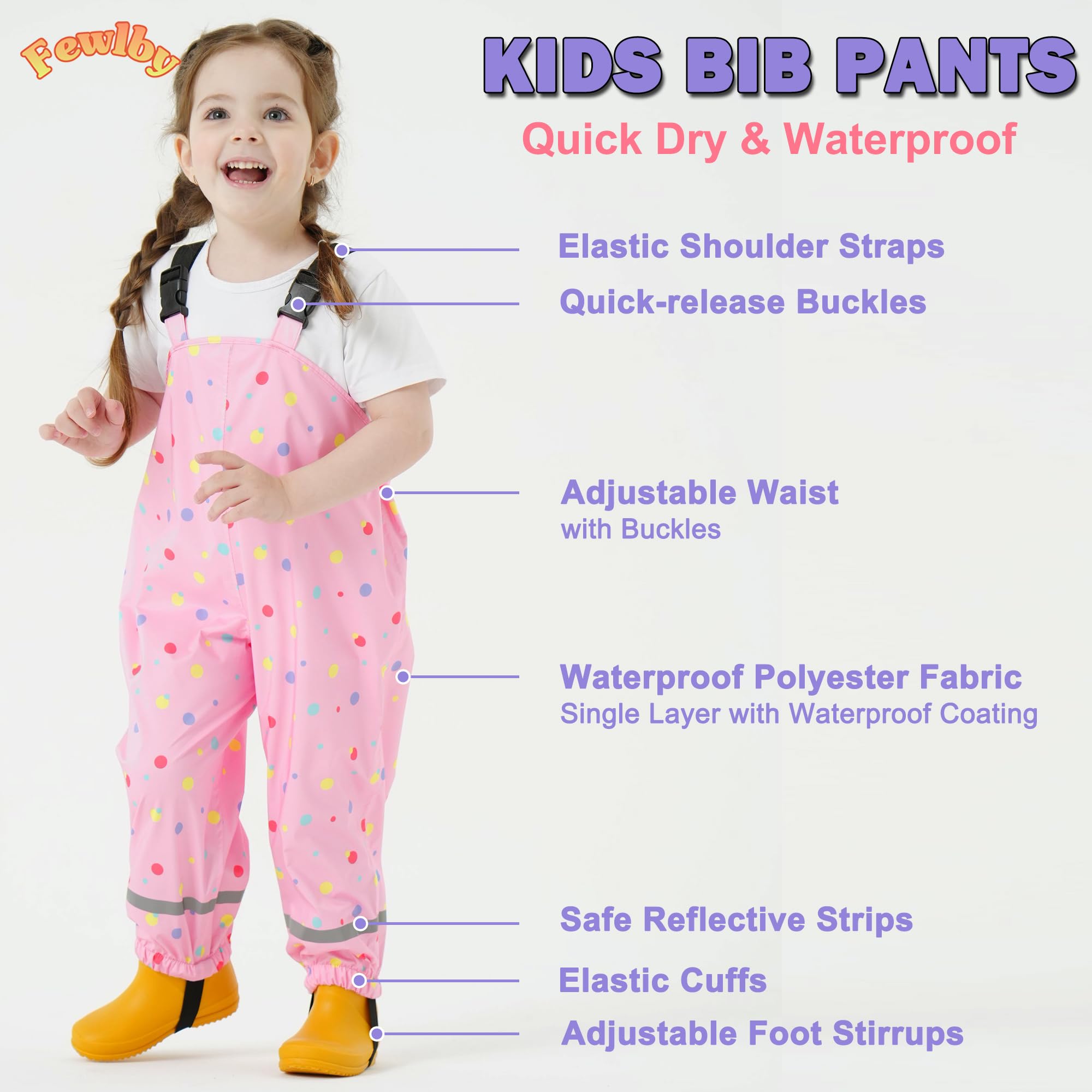 Fewlby Pantaloni Impermeabili Bambino Pantaloni da Pioggia, Salopette Impermeabile Bambina Tuta Pioggia con Strisce Riflettenti Ragazze Ragazzi per 2-6 anni