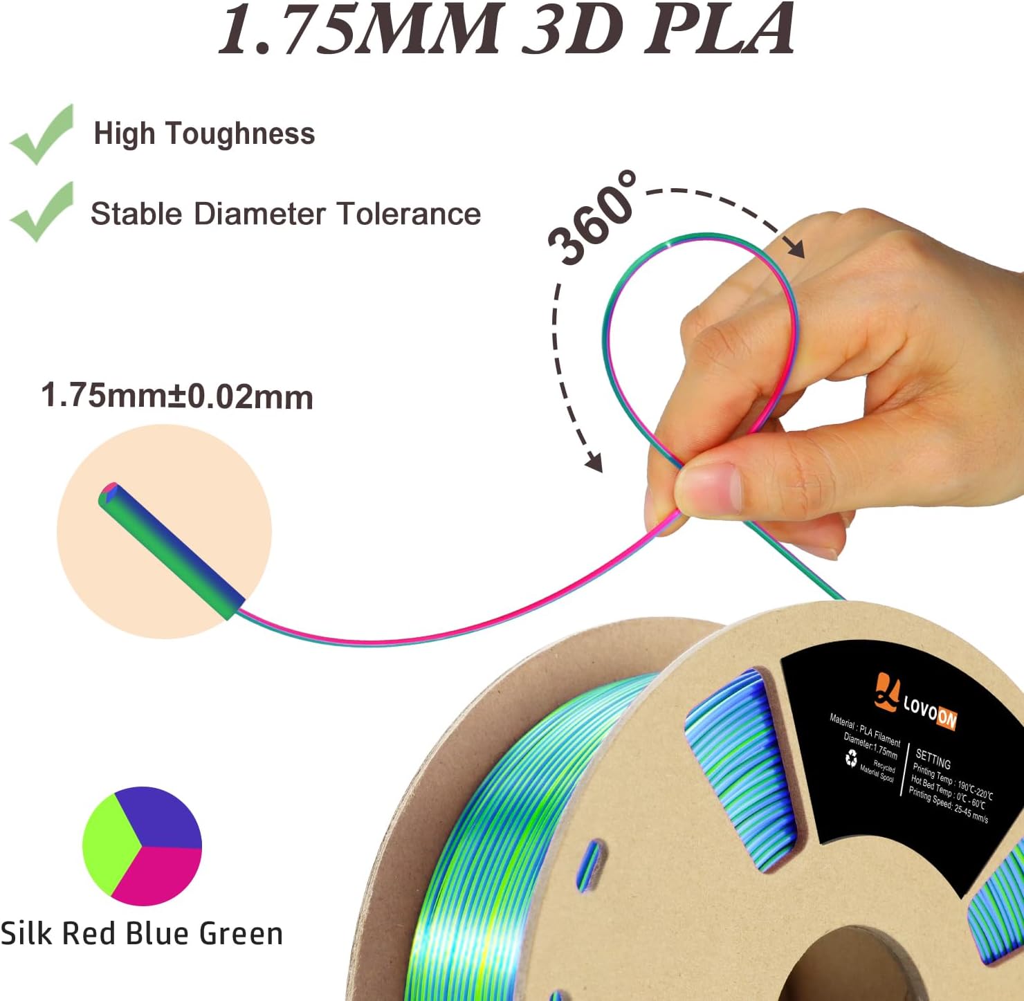 LOVOON 3D Printer Filament, Tricolor PLA Filament 1.75mm Silk Rainbow Filament Green-Red-Blue, 3D Printing Accessories PLA Filament Multicolor, Dimensional Accuracy +/-0.02mm, 2.2lbs/Spool - Image 4