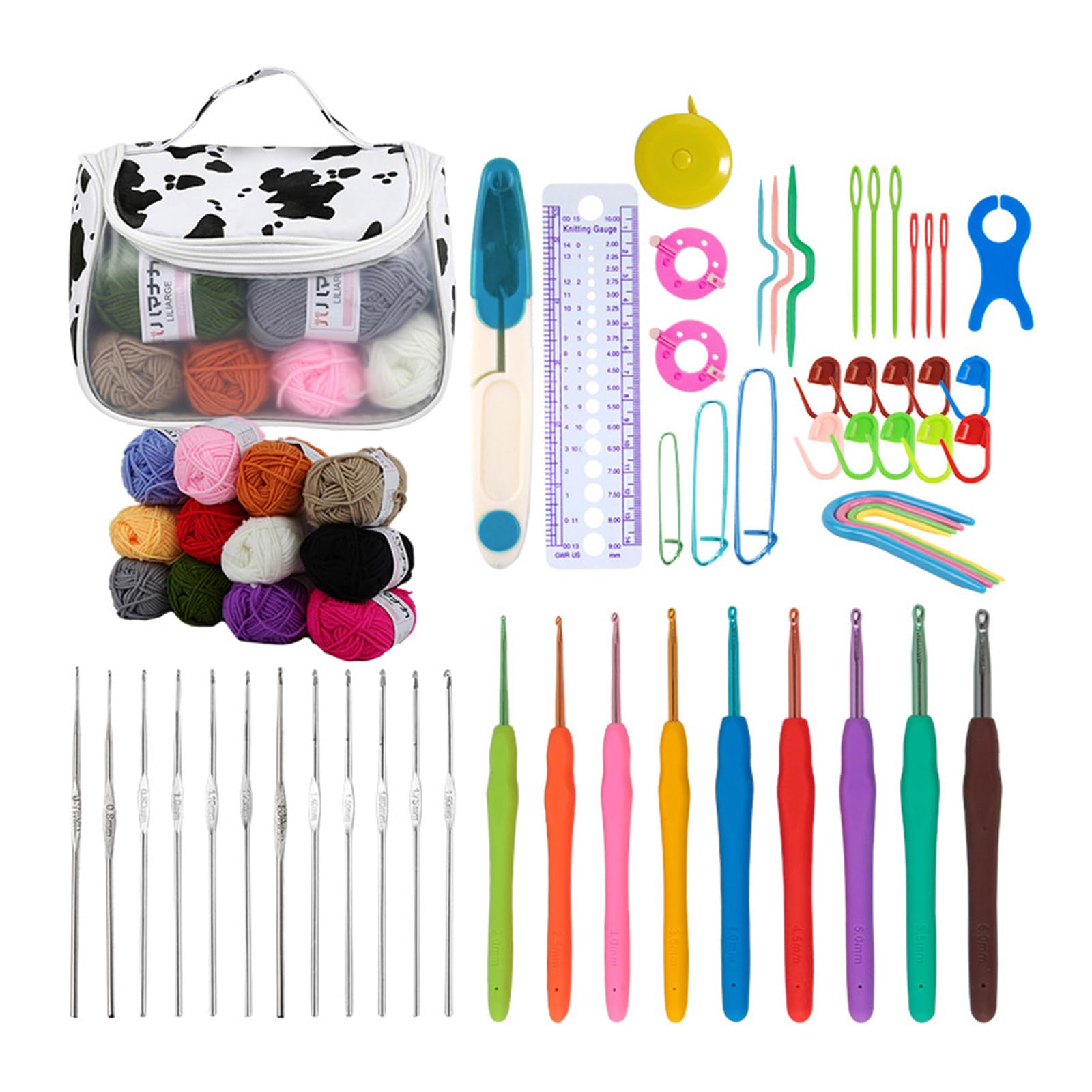 Hsioluted Hooks and Yarns Set Beginner Crochet Kits Include Ergonomic Hooks, Knitting Needle, Sewing Marker and More Crochet Yarn Set Multicolor Yarn and Tools with Bag Cotton