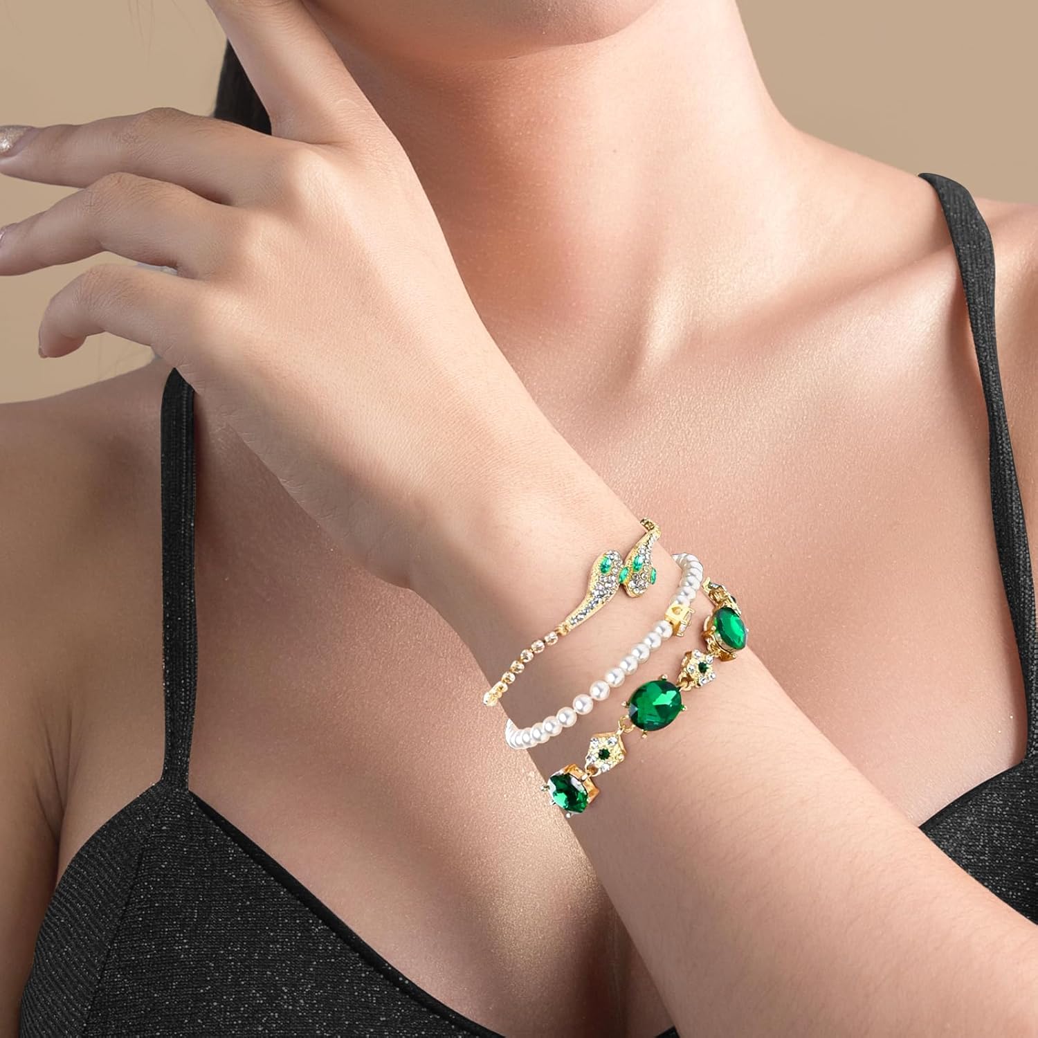 18K Gold Plated Green Bracelet Set for Women Snake Bracelets with Adjustable Slider Shiny Cubic Zirconia Jewelry Gifts for Women - Image 4