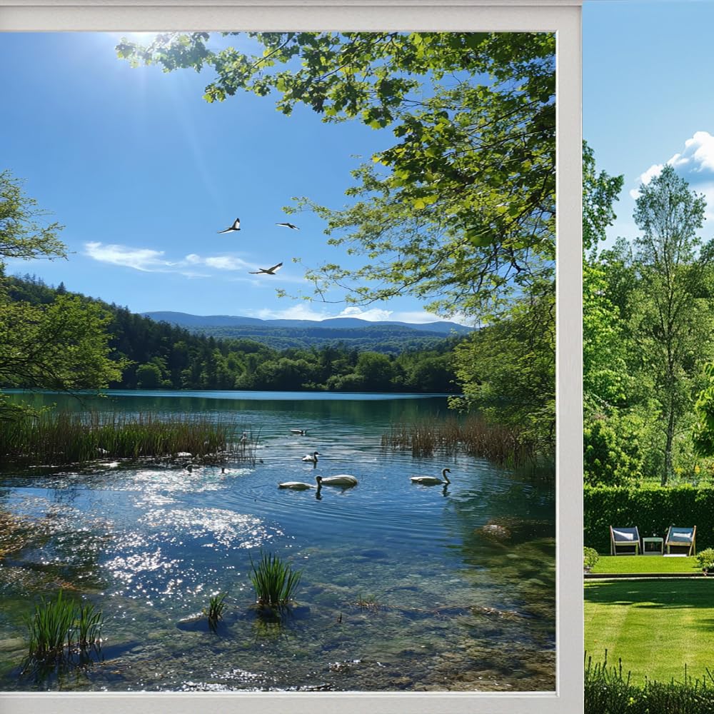Lakeside Swan Stained Glass Window Film, Sunshine Natural Scenery Peel and Stick Privacy Film, Frosted Adhesive Vinyl Decorative for Bathroom Windows Glass Doors, （55x80cm）