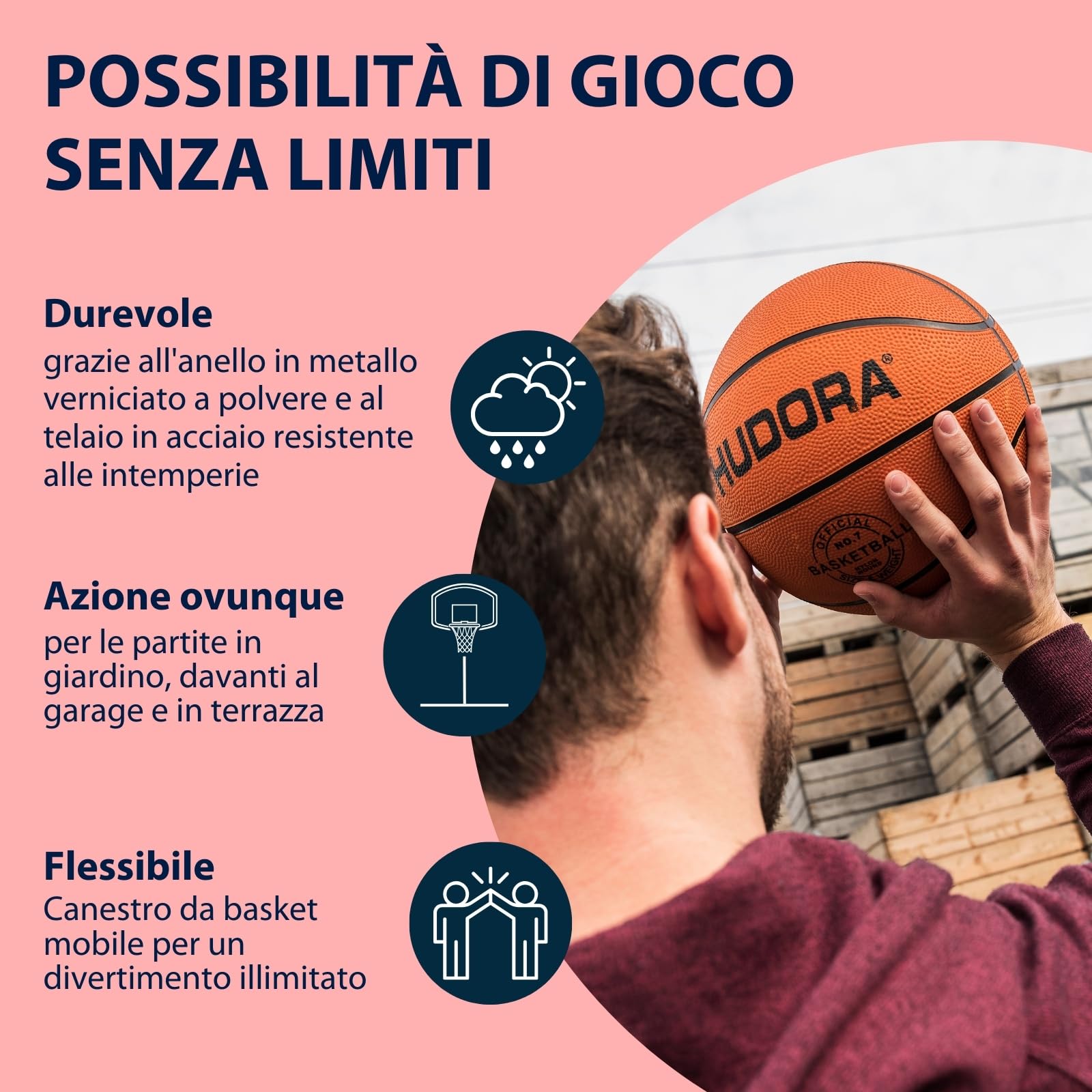 HUDORA Canestro da Basket Start 205 - Regolabile da 165 a 205 cm - Mobile Con Supporto per Bambini e Ragazzi - da Esterno Con Ruote