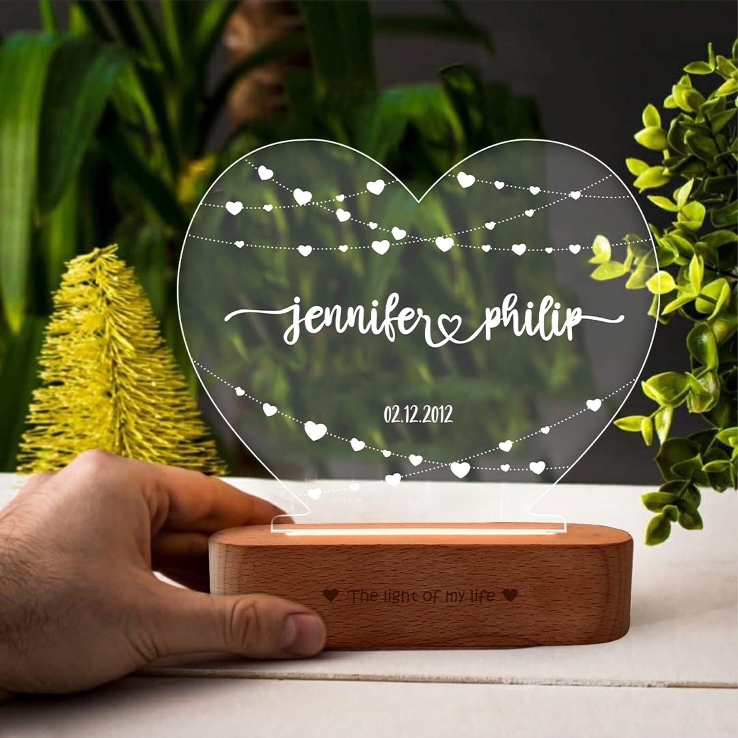 ZOCI VOCI Wood Anniversary Gift Personalized 3D Illusion Heart LED Lamp | Engraved Night Lamps for Special Occasions Unique Gift for Wife & Husband (Festival of Love), Olive 3