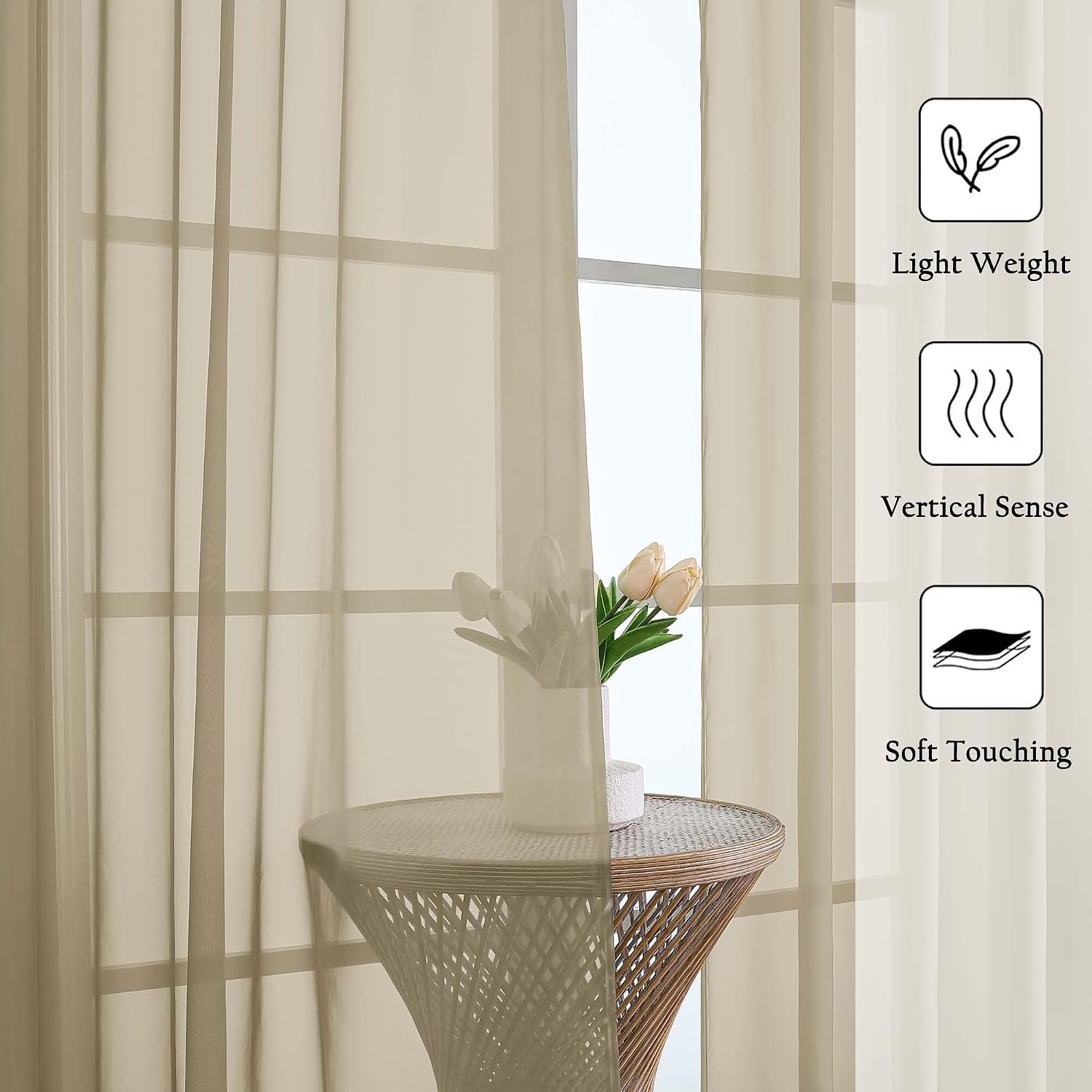 Lecloud Taupe Sheer Curtains 96 Inches Long 2 Panels Set, Home Decor Light Filtering Airy Solid Color Drapes, Dual Rod Pocket Living Room Curtains for Bedroom Dining Room, Each Panel 59" W x 96" L image 2