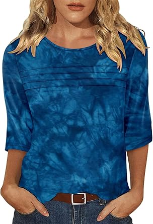 KISSMODA Women's Casual 3/4 Sleeve T-Shirts Round Neck Cute Tunic Tops Basic/Pleated Summer Tops Trendy Spring Blouses