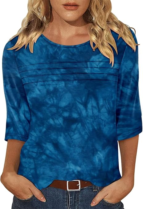 KISSMODA Women's Casual 3/4 Sleeve T-Shirts Round Neck Cute Tunic Tops Basic/Pleated Summer Tops Trendy Spring Blouses