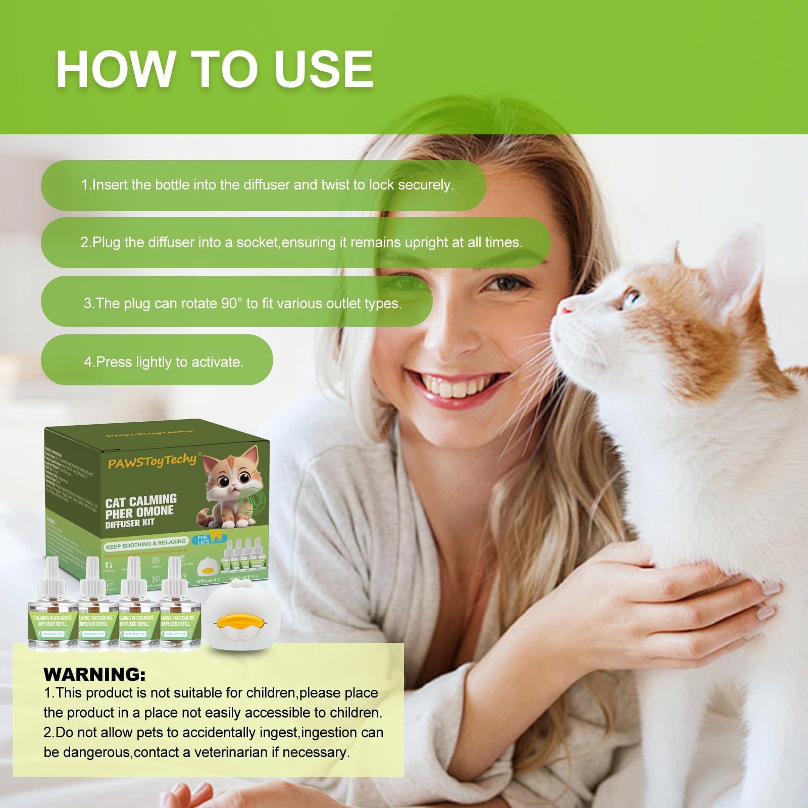Kit diffusore calmante per gatti: 1 diffusore + 4 ricariche (fornitura 120 giorni), diffusore calmante professionale per gatti per alleviare l'ansia, aiuta a ridurre graffi, miagolii e segni delle