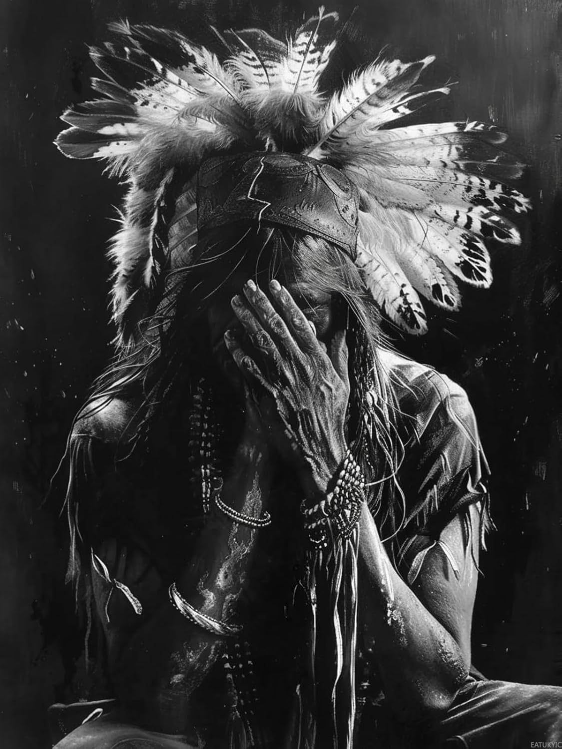 EATUKYIC American Native Indian Man Black and White 5D Diamond Art Painting for Adults Full Drill Round Diamond Paint by Number Kits for Beginners Gems Cross Stitch for Wall Decor 12x16 inch