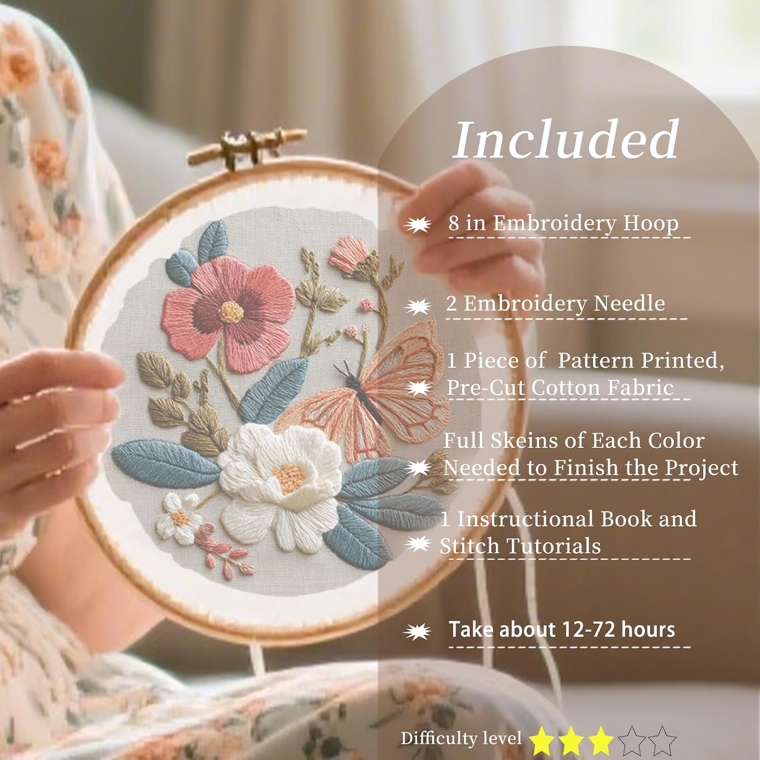 FONNUY Boho Floral Embroidery Kit, Pre-Stamped Butterfly Frolicking in Blooms Patterns Kits for Adults and Beginners, Handmade DIY Crafts Set, Color Thread Needlework, 8'' Hoop (Blue A3)