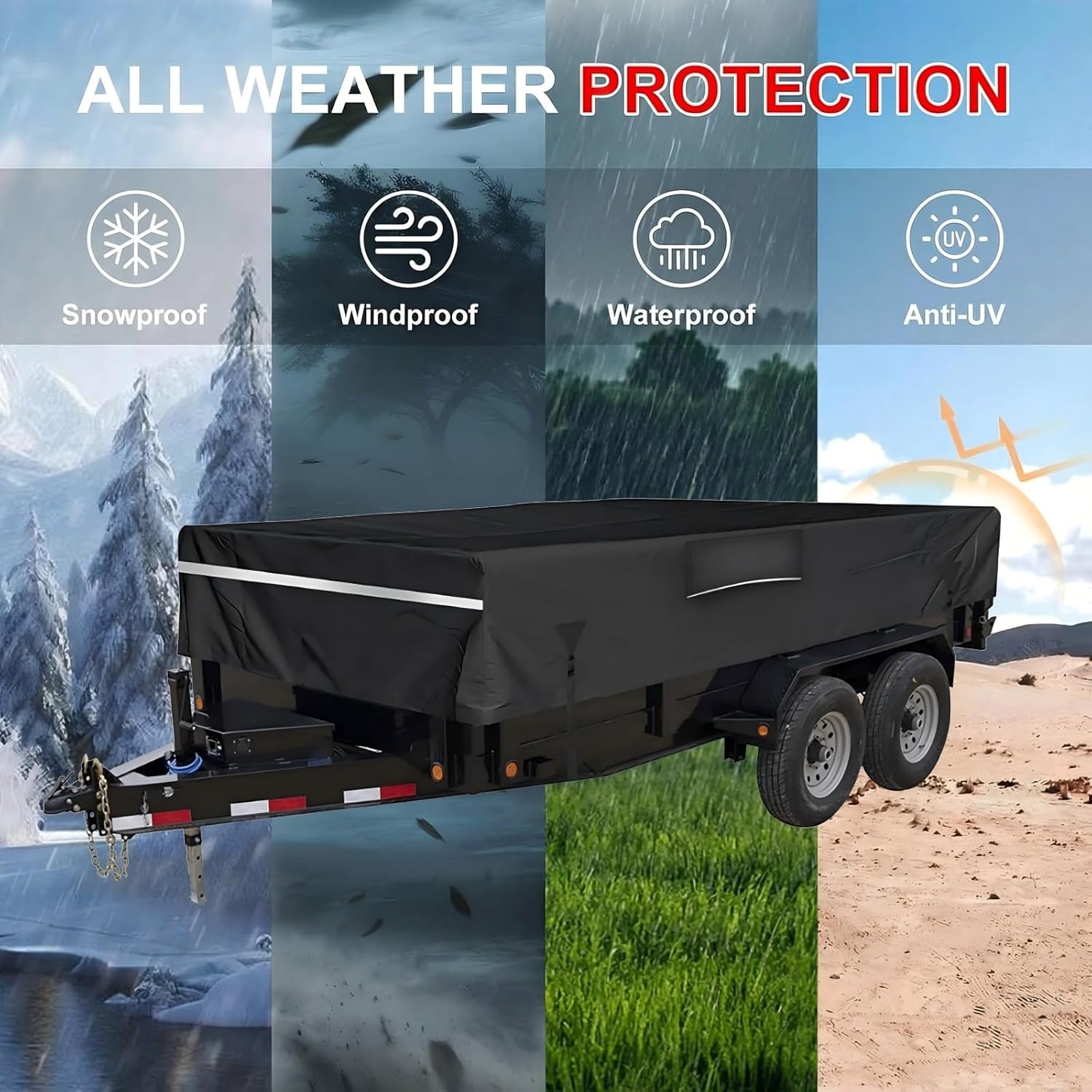 Waterproof 600D Dump & Utility Trailer Cover, Heavy Duty Windproof Dump Trailer Covers Wind-Proof/Anti-UV All-Weather Protection with Windproof Ropes,Black,209 * 115 * 10cm