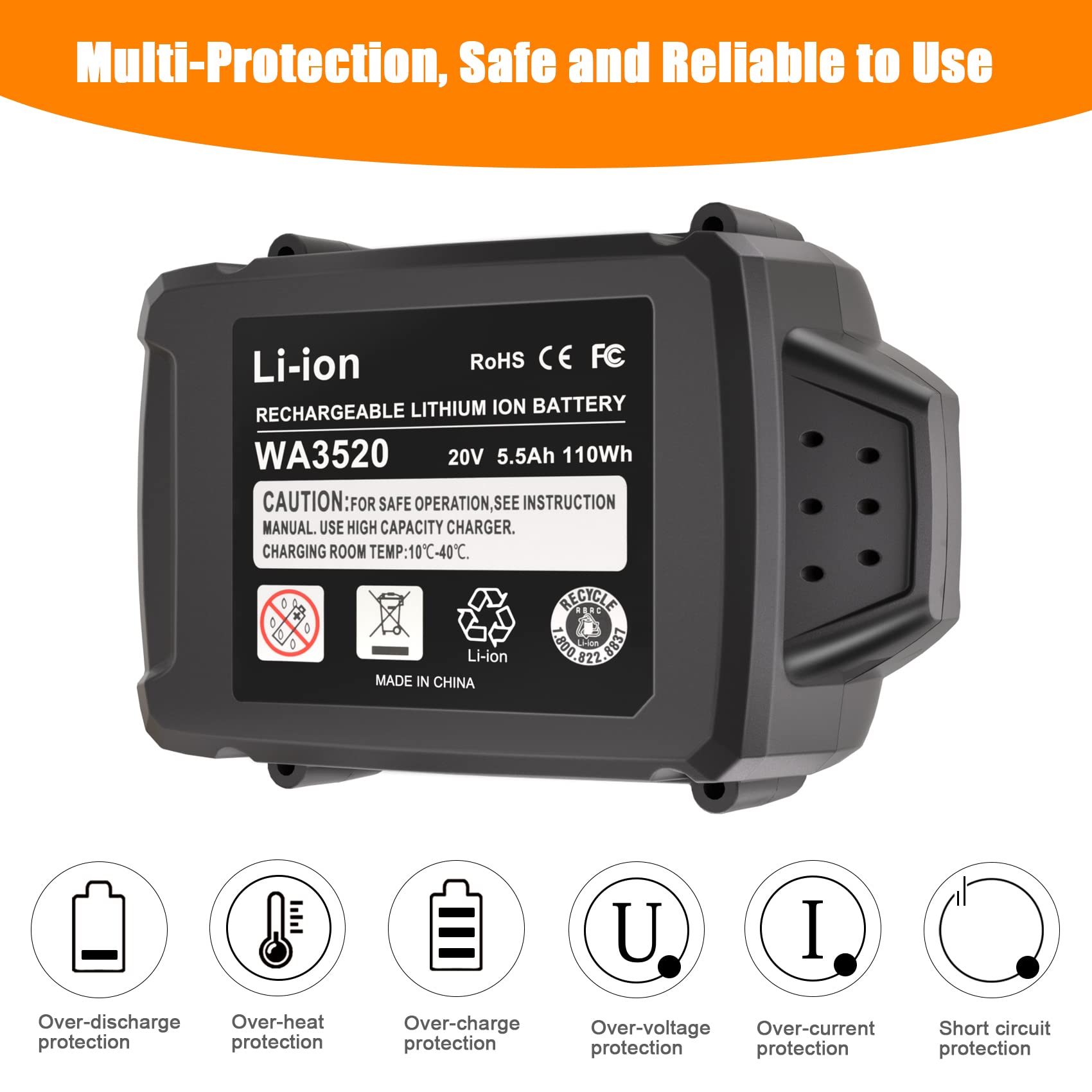 2Pack 20V Battery Compatible For Worx Battery 20V PowerShare WA3674 WA3678 WA3669 WA3575 WA3525 WA3520 WA3577 WA3578 WG151s WG155s WG251s (Two 6000mAh Batteries - View #12