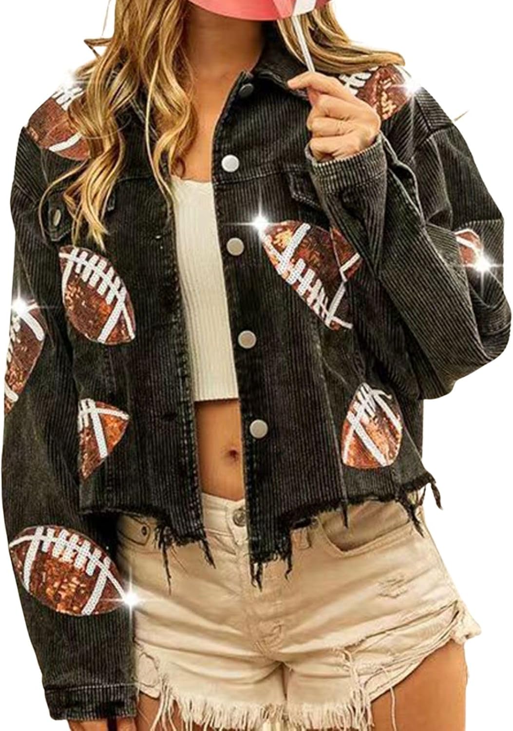 yoeasy Women's Corduroy Rugby Sequin Crop Jacket Raw Hem Vintage Football Distressed Short Jacket Coat With Pockets - Image 3