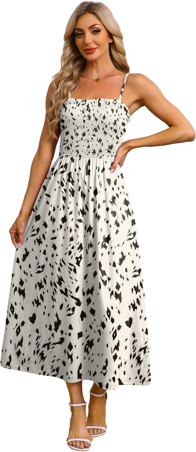 OFEEFAN Womens Spaghetti Strap Maxi Dresses Smocked with Pockets 2026 Summer Spring Casual Boho Beach Long Sundresses thumbnail