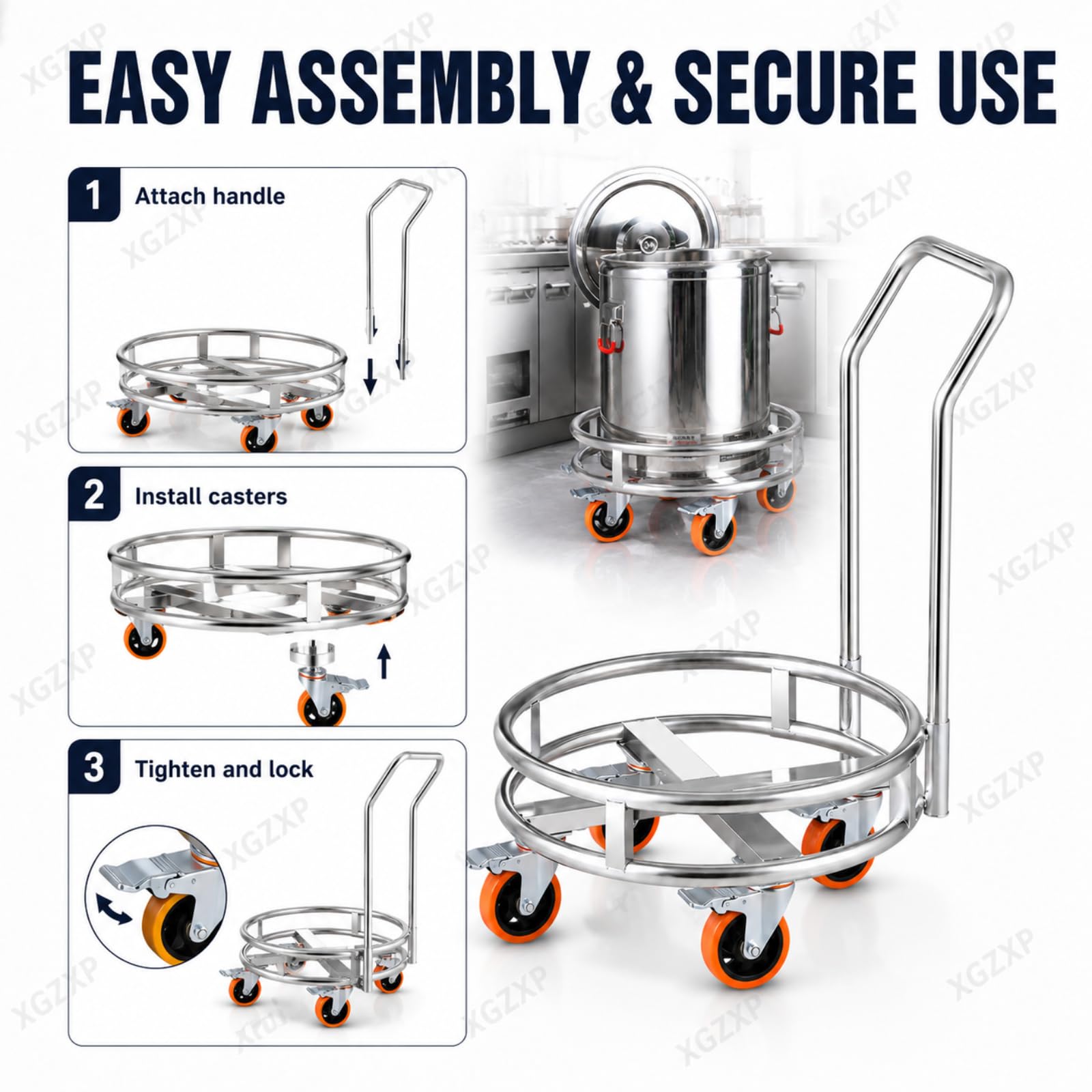 Soporte De Acero Inoxidable Para Cubos De Sopa Con Asa, Soporte Móvil Para Bombonas De Gas, 5 Ruedas Giratorias De 360°, Soporta Hasta 400 Kg, Para Cubos Y Recipientes De Cocinas Comerciales.