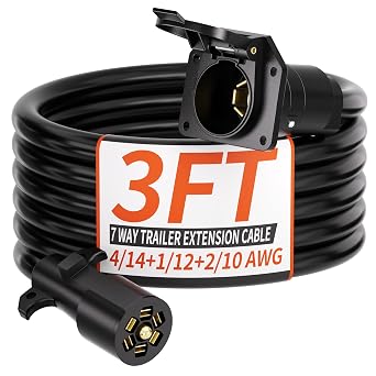 PlugSaf 3FT 7 Way Trailer Plug Heavy Duty Cord, Plug-and-Play Trailer Wire | 4/14+1/12+2/10 AWG, 7 Pin Trailer Wiring Harness, Suitable for Trailers, Food Trucks, Campers, RVs, Towed Vehicles