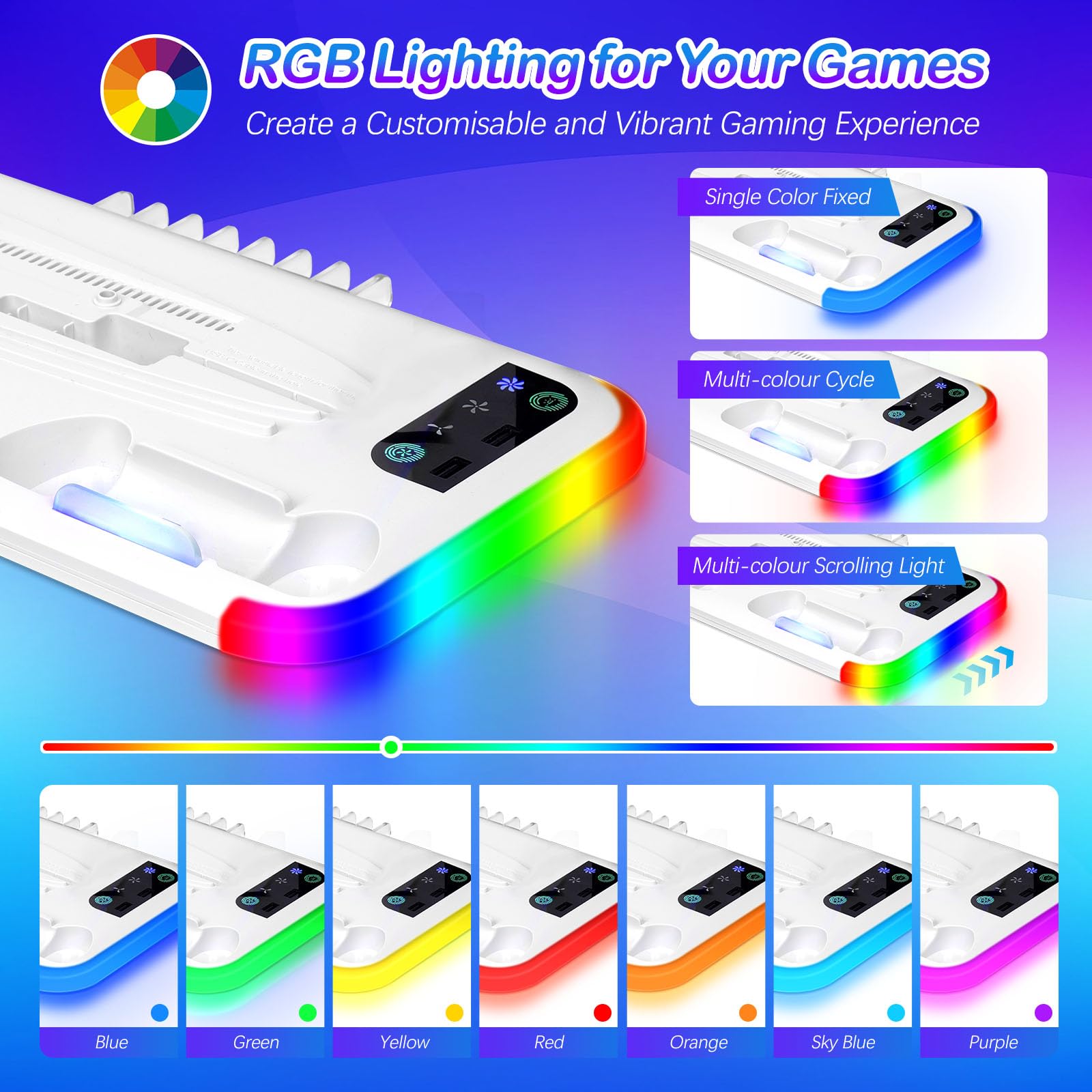 Supporto PS5 Slim/PS5 Pro con Ventola & Luce RGB, PS5 Stazione di Raffreddamento Supporto di Ricarica con Controller Ricarica Stazione di ricarica per PS5-Slim/PS5 Pro Disc & Digitale Edizione