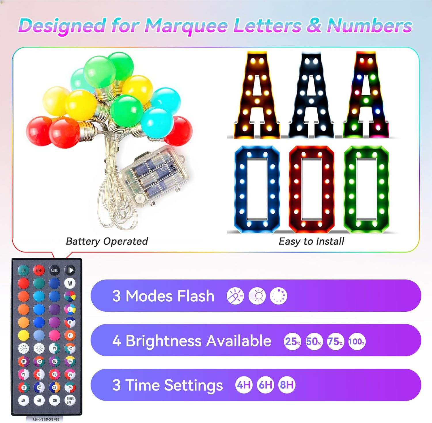 Ledido Light Bulbs for 4FT Marquee Light up Letters,12 LED RGB Battery Operated String Lights for Indoor Outdoor Birthday Christmas Party Decor