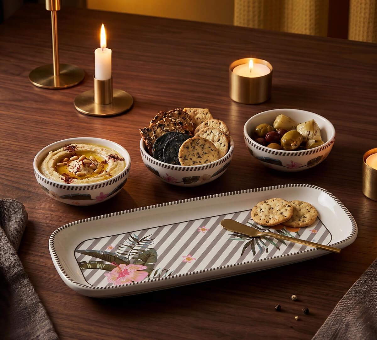 India Circus by Krsnaa Mehta Strelizia's Garden Platter with 3 Dip Bowls | Porcelain Multi-Purpose Kitchen Starter Platter for Snacks & Appetizers Perfect for Home & Restaurant (10 inch)-image-49