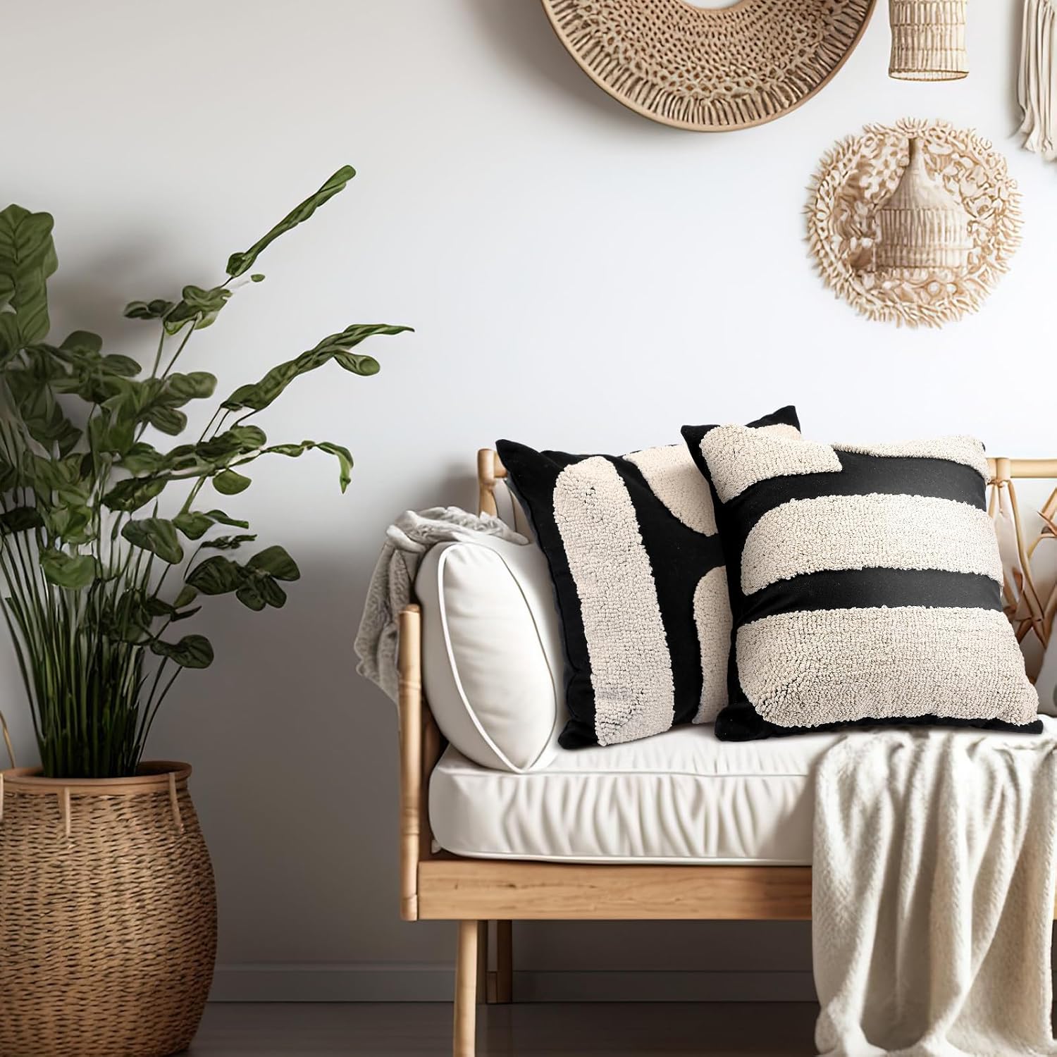 Oudain 2 Pcs Black and White Tufted Pillow Covers Boho Chunky Geometric Decorative Throw Pillow Case 18 x 18 Inches Abstract Pillowcases for Bed Couch(White, Black, Classic Style) - Image 4