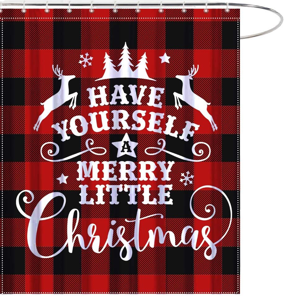 MAEZAP Merry Little Christmas Shower Curtain Red Black Buffalo Bathroom Decor Waterproof Polyester with Hooks 69x70 Inchs