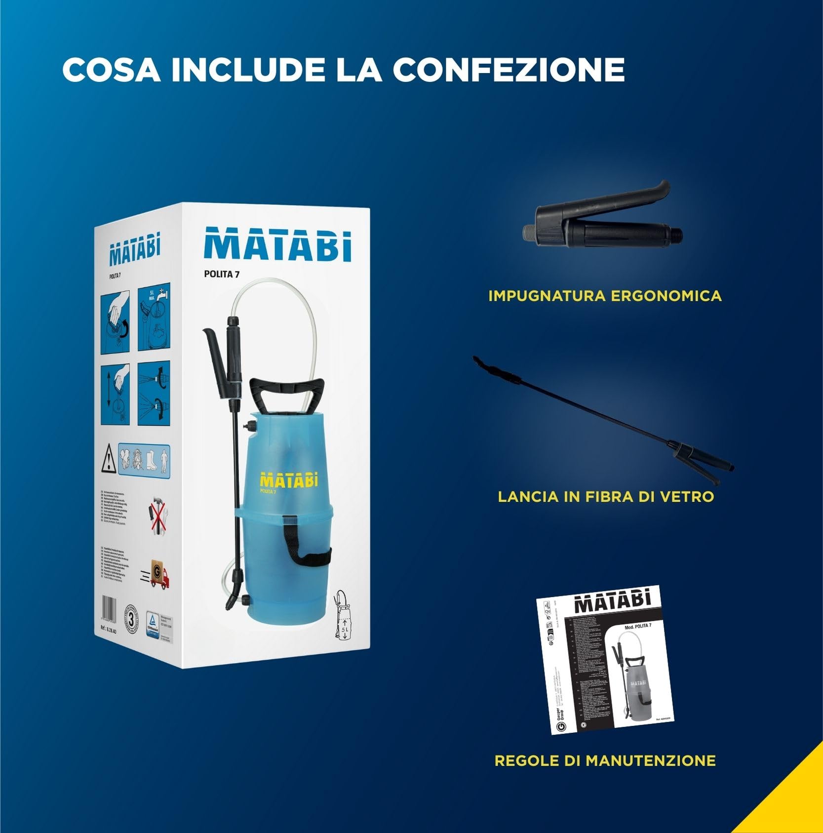 Matabi Polita 7 -Spruzzatore Giardino 5 L - Lancia Fibra di Vetro | Pompa manuale a precompressione con tubo 1,15 m - ugello conico regolabile - per orto e giardino