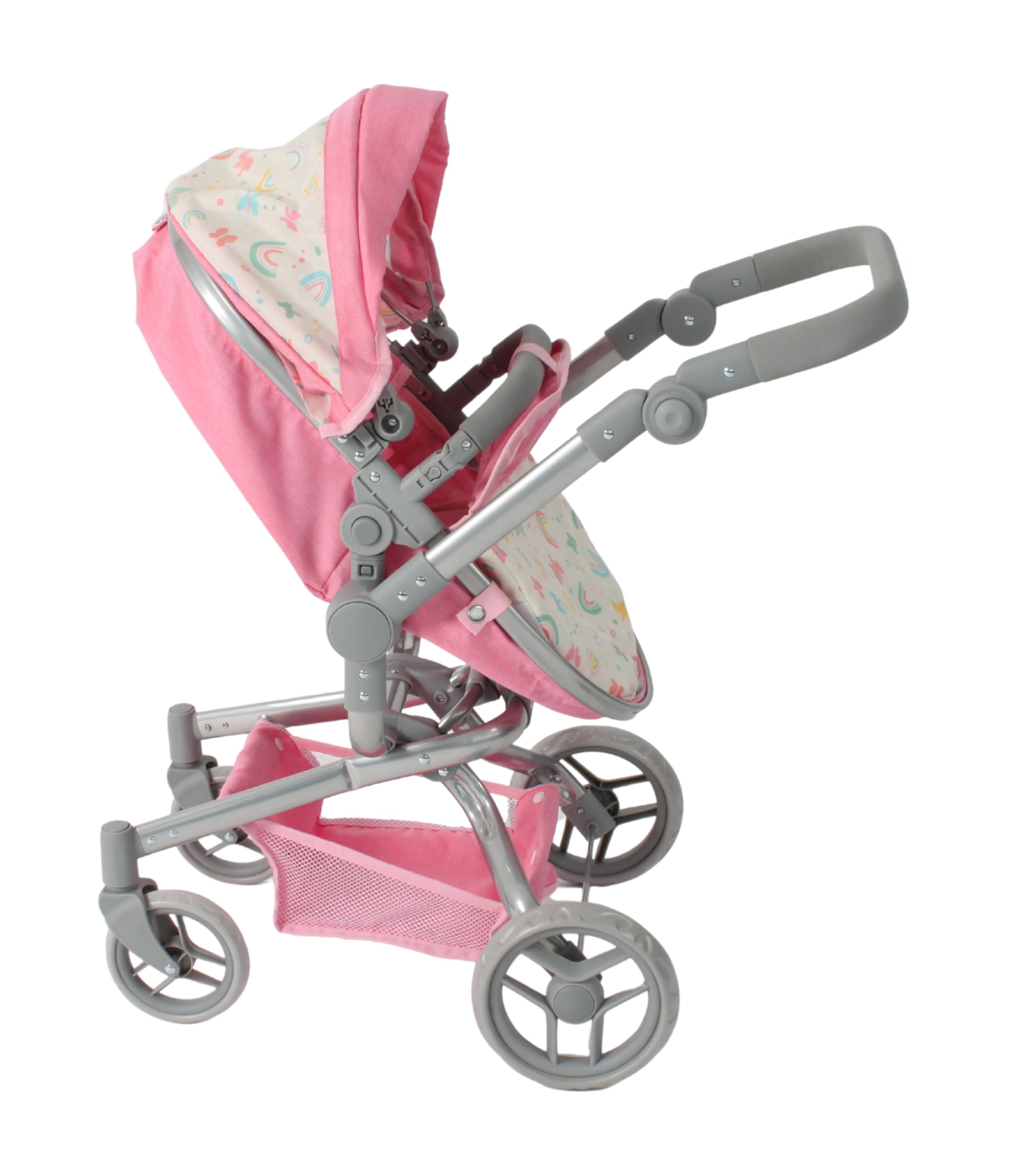 Bayer Chic 2000 Puppenwagen Yolo | 2in1 Schwenkschieber Kombi Regenbogen | Großer 2in1 Kombi-Puppenwagen mit Schwenkschieber & wendbarem Sitz. Regenbogen Rosa, flexibler Griff 46-82 cm.