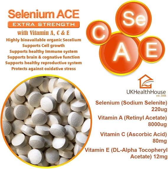 UKHealthHouse Selenium ACE 220mcg Tablets | High-Strength Selenium Supplement with Vitamins A, C & E for Immune Support, Skin, Hair & Nails | Antioxidant Formula for Daily Wellness (360 Tablets)