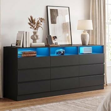 Gyfimoie 6 Drawer Double Dresser with Power Outlet, Accent Chests of Drawers with LED Light, Modern White Storage Dresser with Charging Station Black, 15.75" D x 62.99" W x 31.14" H