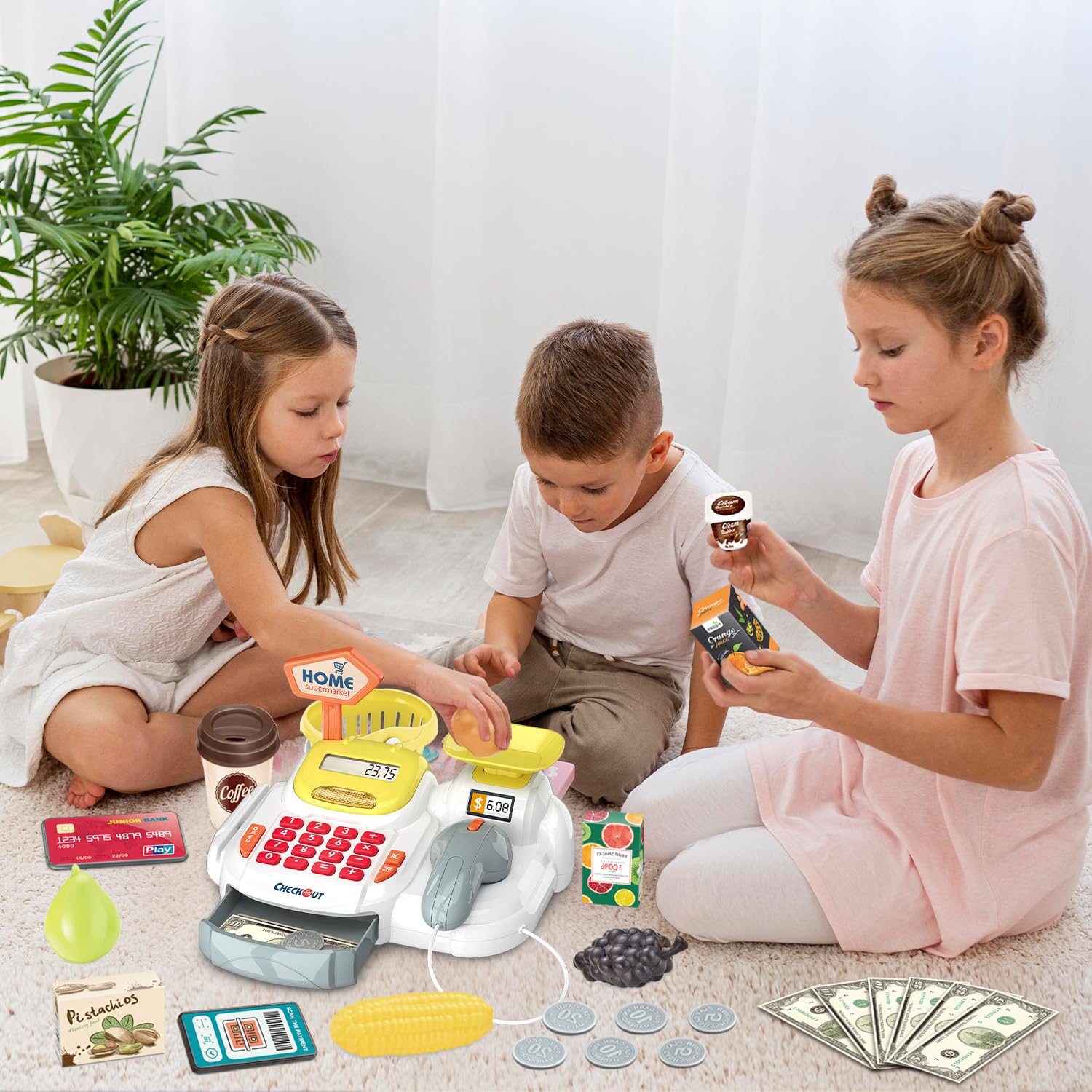 36 sztuk kasy dla dzieci, do odgrywania ról, supermarket, zabawka sklep handlowy, akcesoria, kasa fiskalna z pieniędzmi, żywnością, karta kredytowa, prezent dla dzieci od 3 lat (żółte)