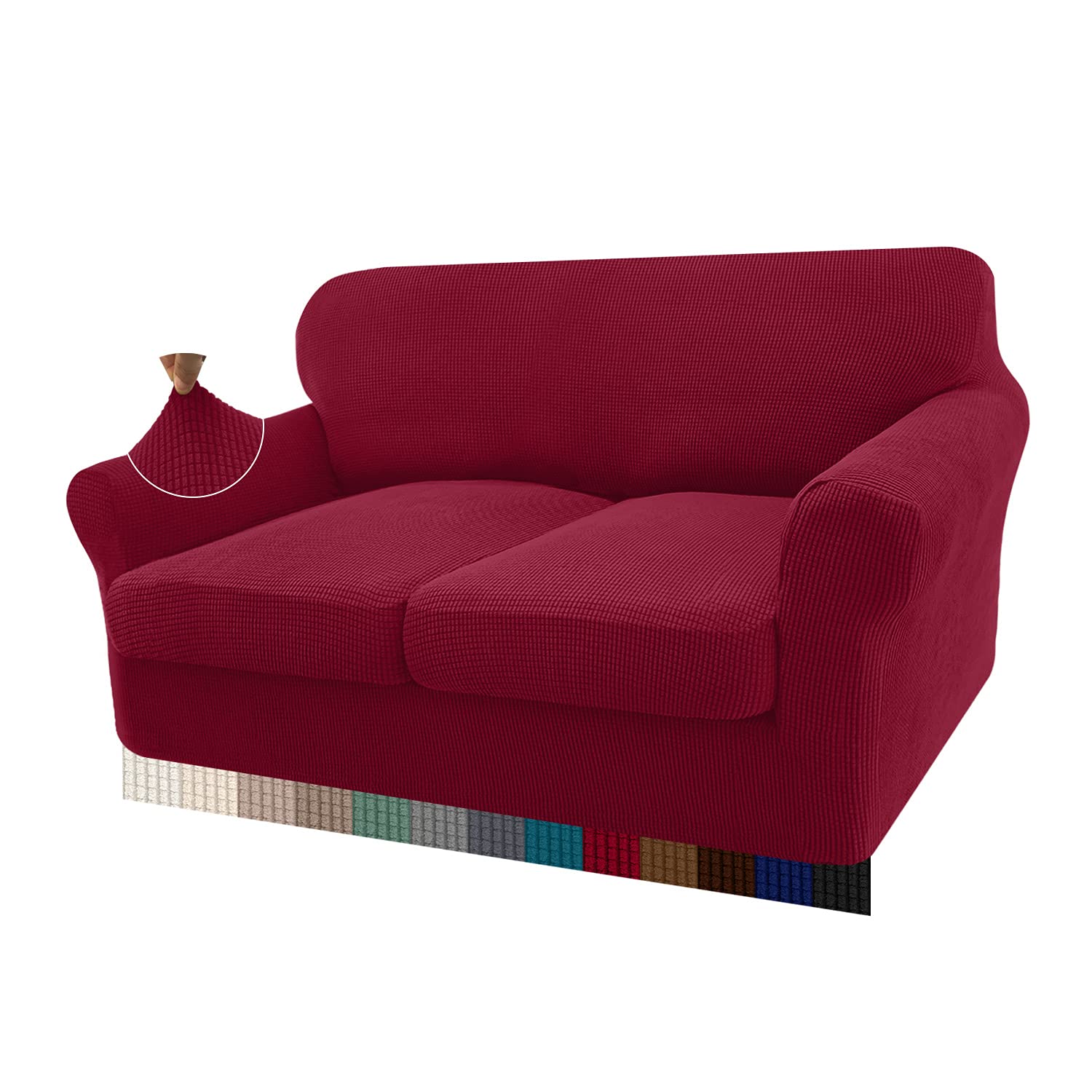 Granbest High Stretch Sofa Seat Cushion Cover Super Soft Couch Seat Cover Sofa Cushion Protector Jacquard Spandex Fabric with Elastic Bottom(2-Piece 2 Seater, Wine Red)