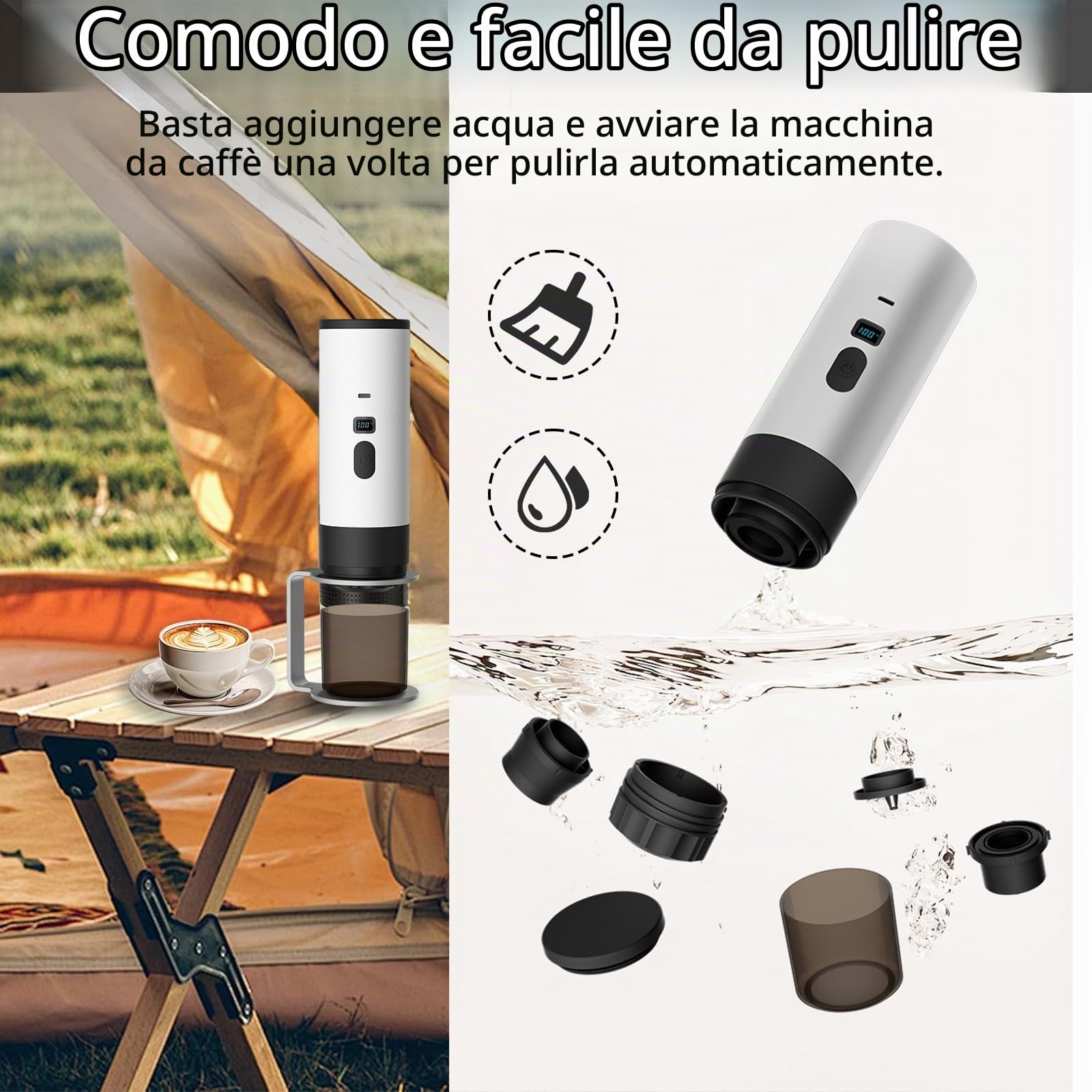 Macchina da Caffè Espresso Portatile 3 in 1, Macchina per Caffè Espresso Elettrica 90ml Caffettiera Elettrica da Viaggio con Batteria per 12V Auto e Camion e Campeggio (Bianco+Supporto)