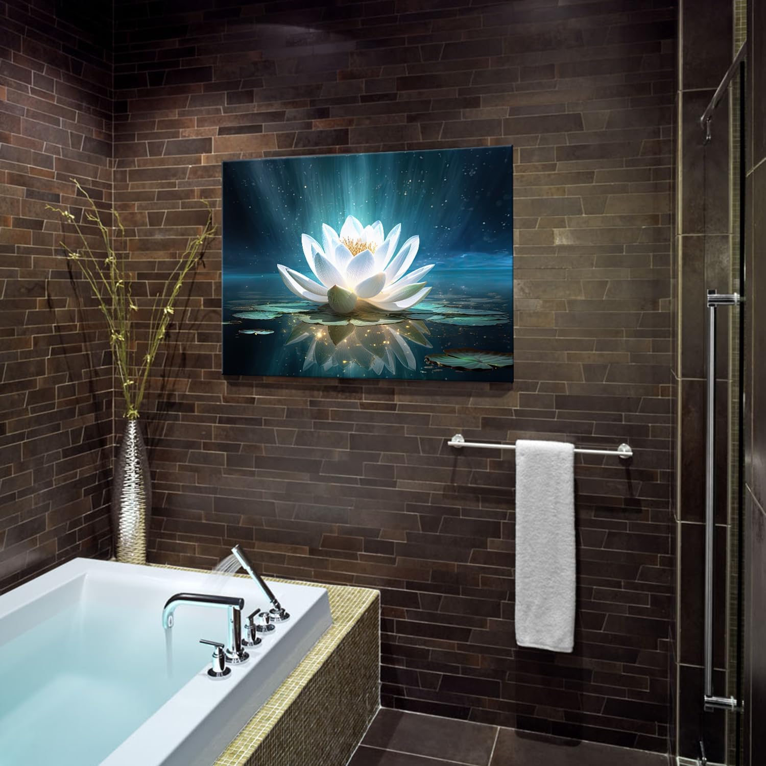 GLOKAKA Zen Wall Art White Water Lily Canvas Wall Art Lotus Flower Bloom in Water Print Picture Artwork for Bathroom Yoga Spiritual Living Room Decor