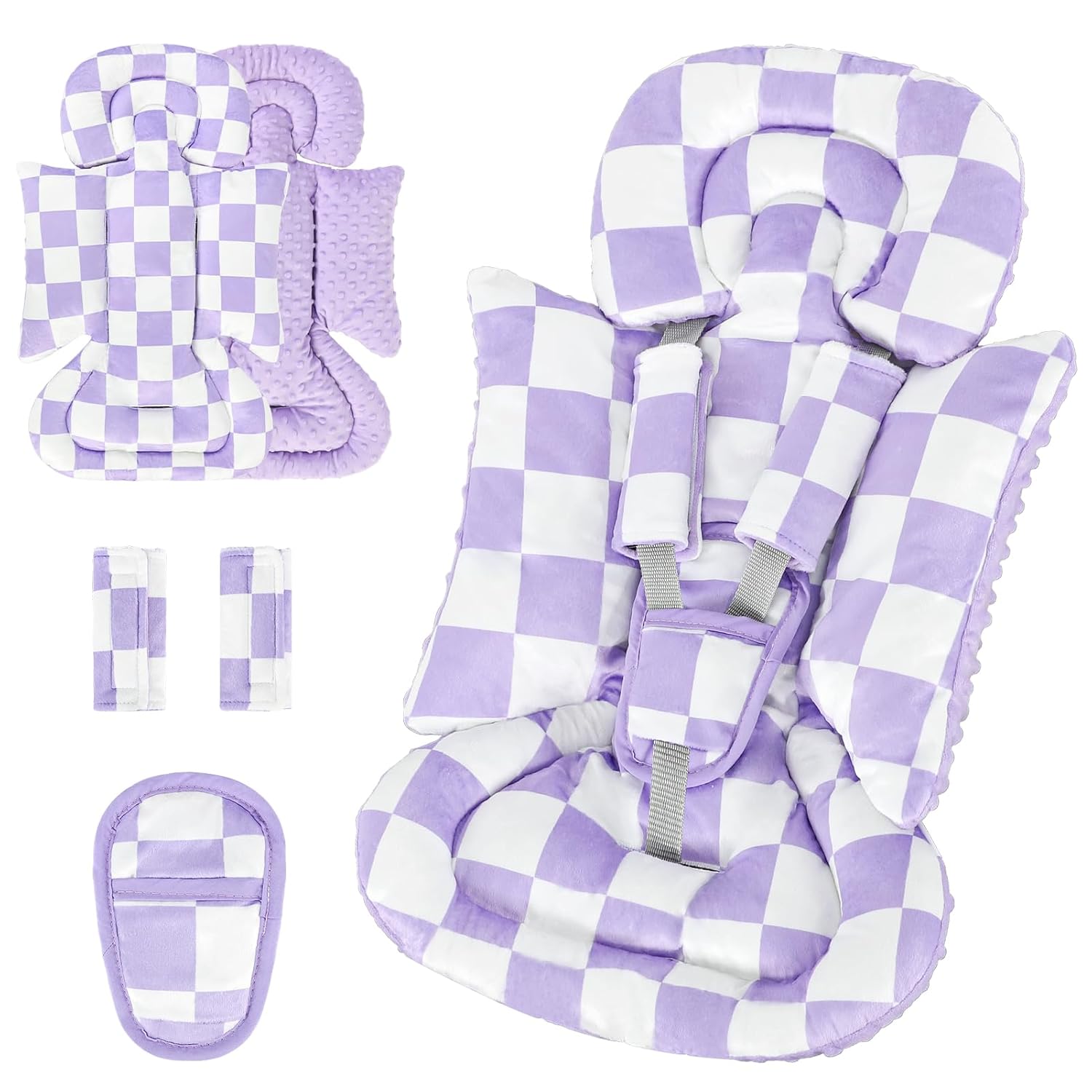 DILIMI Infant Car Seat Insert, Baby Car Seat Head Support with 3 Strap Paddings, Soft Newborn Car Seat Cushion for Stroller, Swing, Bouncers, Purple Checkered