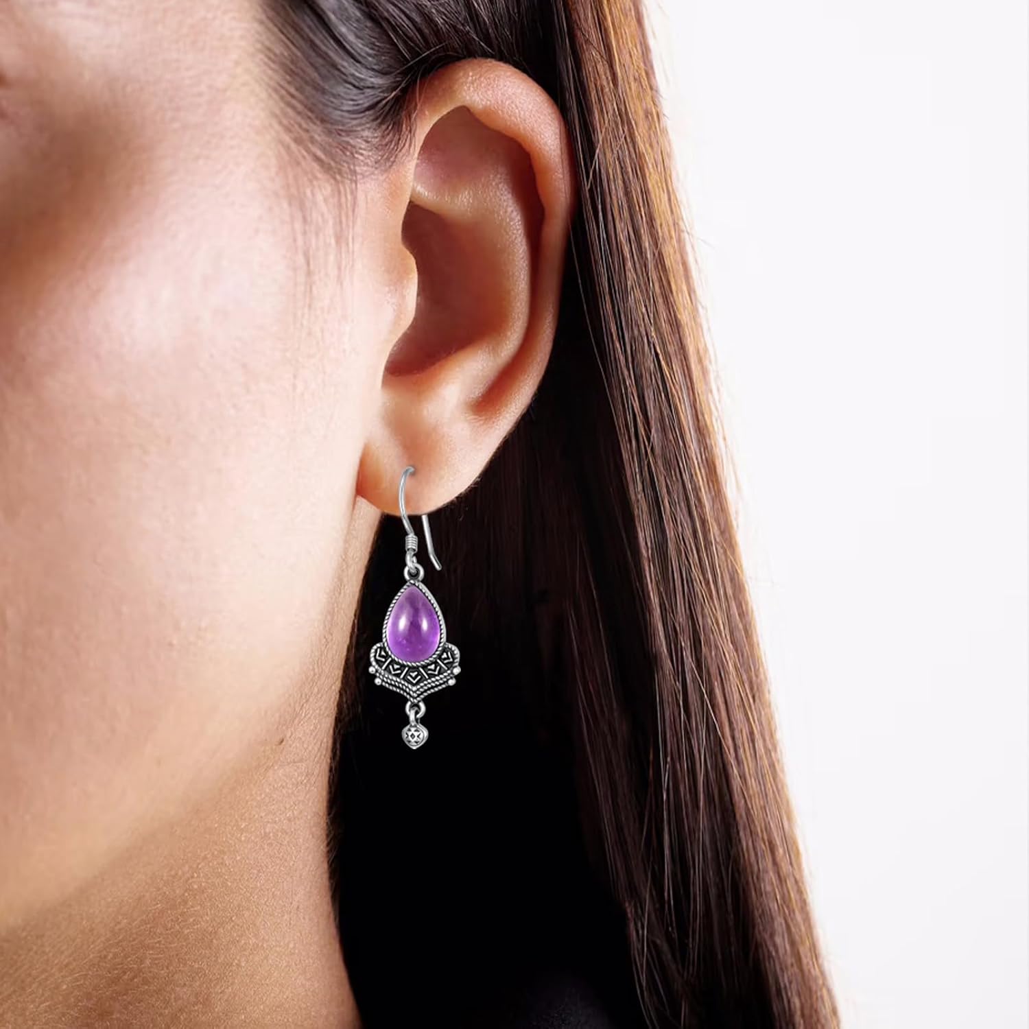 Natural Amethyst Bohemian Dangle Earrings, 925 Sterling Silver Teardrop Tribal Pattern Earrings, Vintage Jewelry Gift for Women - Image 2