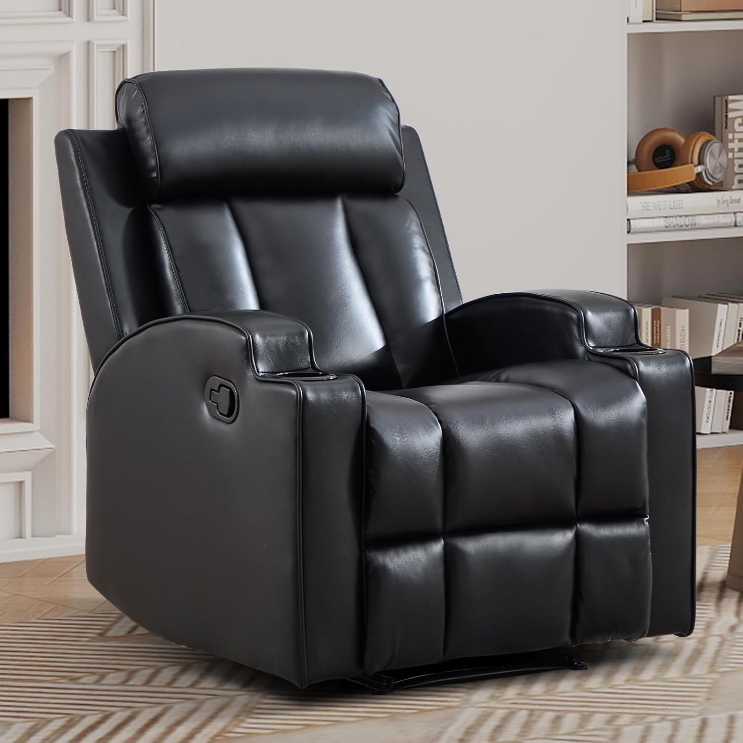 CANMOV Manual Recliner Chair, Single Reclining Sofa Chair with 2 Cup Holders, Faux Leather Reclining Sofa for Living Room, Bedroom Furniture, Black
