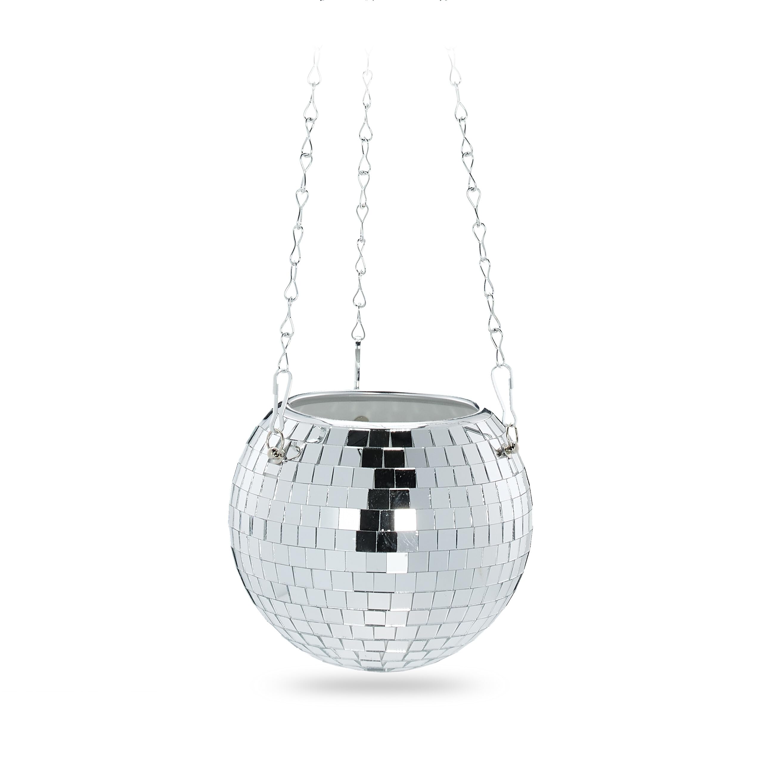 Relaxdays Disco Ball Plant Pot, Hanging Flowerpot, with Stand, Glass, H x Ø: 13 x 15 cm, Suspension Planter, Silver