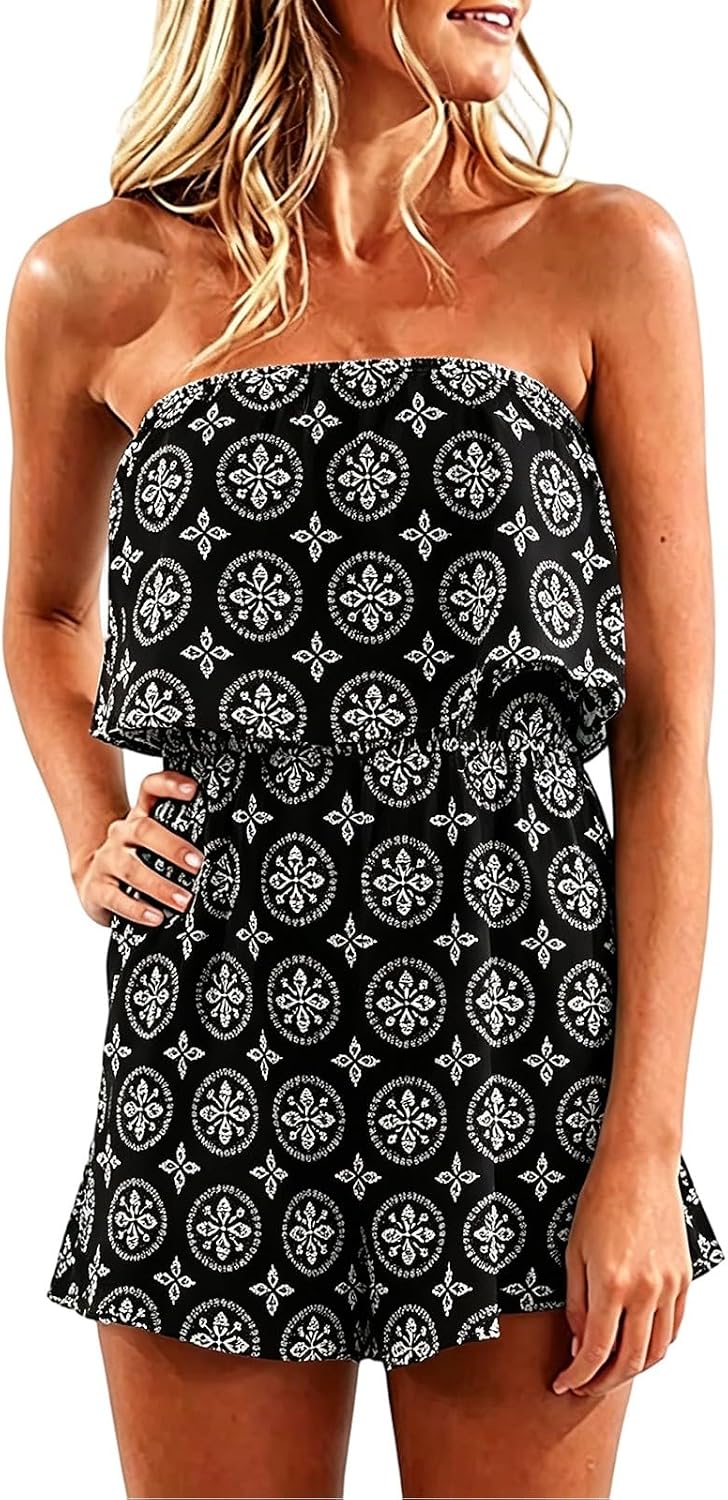 Generisch Boho Print Strapless Jumpsuit Summer Casual Wide Leg Beach Outfit
