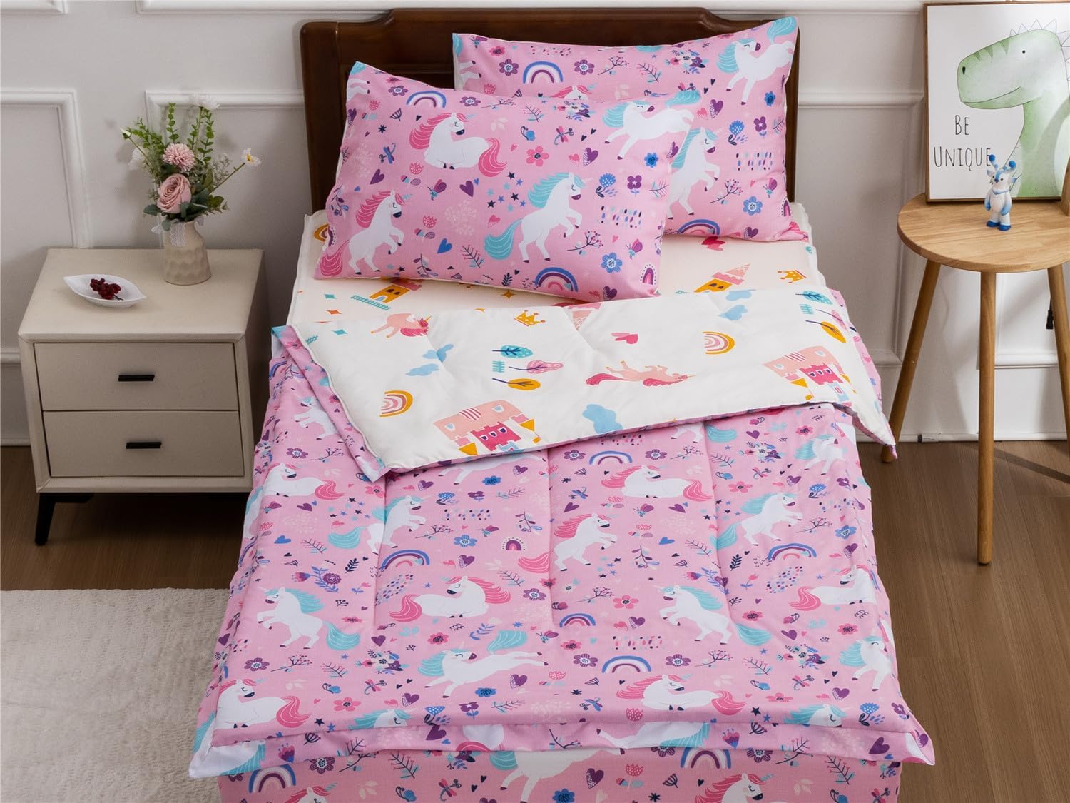 NTBED Unicorn Printed Zipper Bedding Sets Full for Girls Kids Lightweight Microfiber Floral Comforter Sets with Fitted Sheet Pillow Covers,Pink