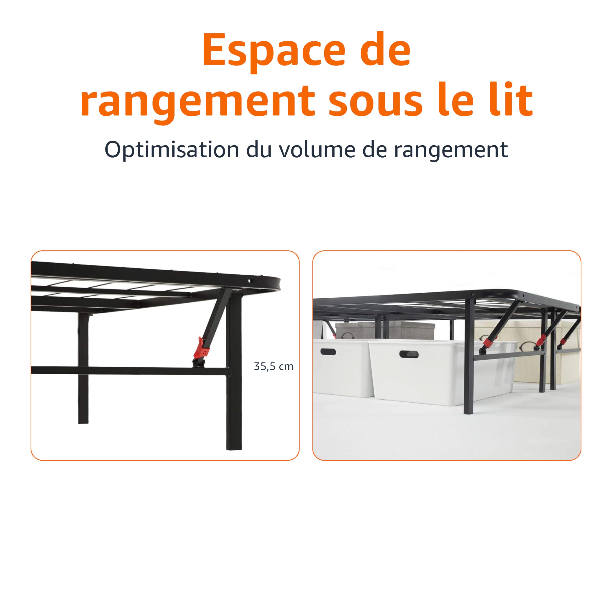 Amazon Basics Cadre de lit pliable - Montage sans outil - Rangement sous le lit , Lit simple, 90 x 190 x 35.5 cm, Noir