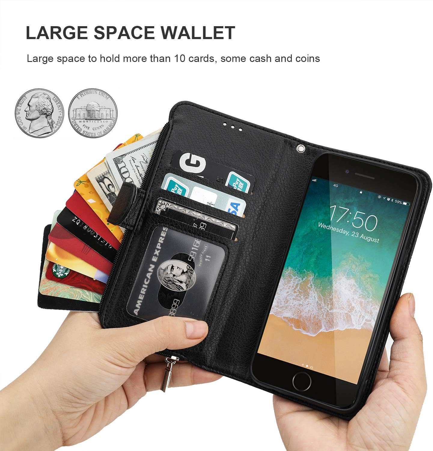 KIHUWEY iPhone SE 2020 iPhone 8 iPhone 7 Wallet Case Premium Leather Zipper Pocket with Credit Card Holder and Wrist Strap,Kickstand Protective Purse Cover for iPhone 7/8/SE 2020 4.7 Inch Black