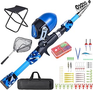 Moniss Vara de pesca infantil e molinete combinados com banquinho de pesca dobrável rede de aterrissagem vara de pesca telescópica caixa de equipamento acessórios para meninos e meninas