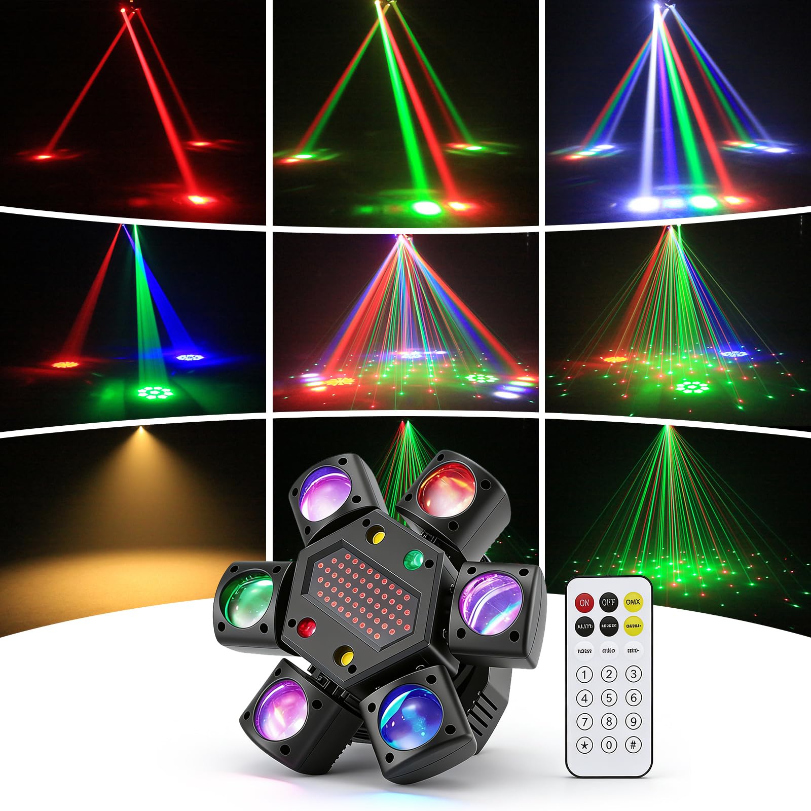 80W Moving Head LED mit Fernbedienung, RGBW 4-in-1 Discolicht Partylicht, 6 Lichtarme + Bienenauge Effekt, DMX512 Soundaktiviert für DJ Bar Partyclub Bühnenbeleuchtung