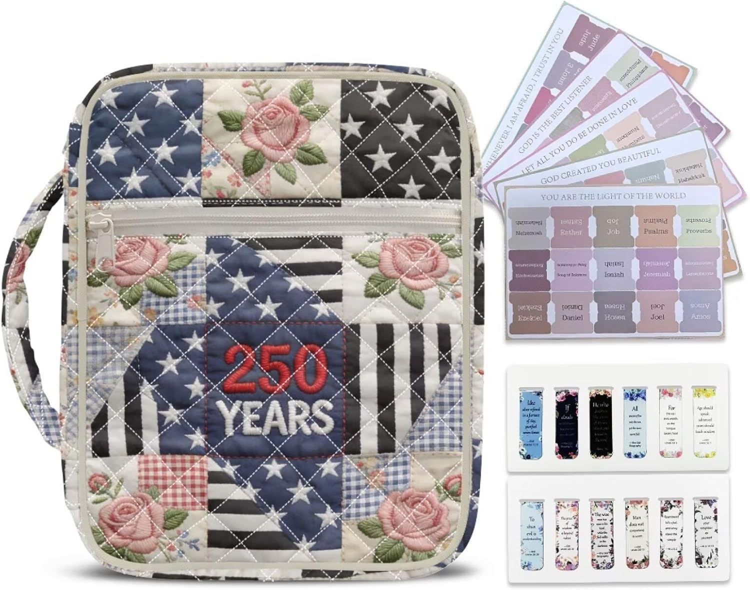 Bible Cover Case for Women Pink Green Floral Bible Study Supplies with Tabs, Large Bible Bag Quilted with Zipper Handle, Bible Covers for Church Study Travel Gift