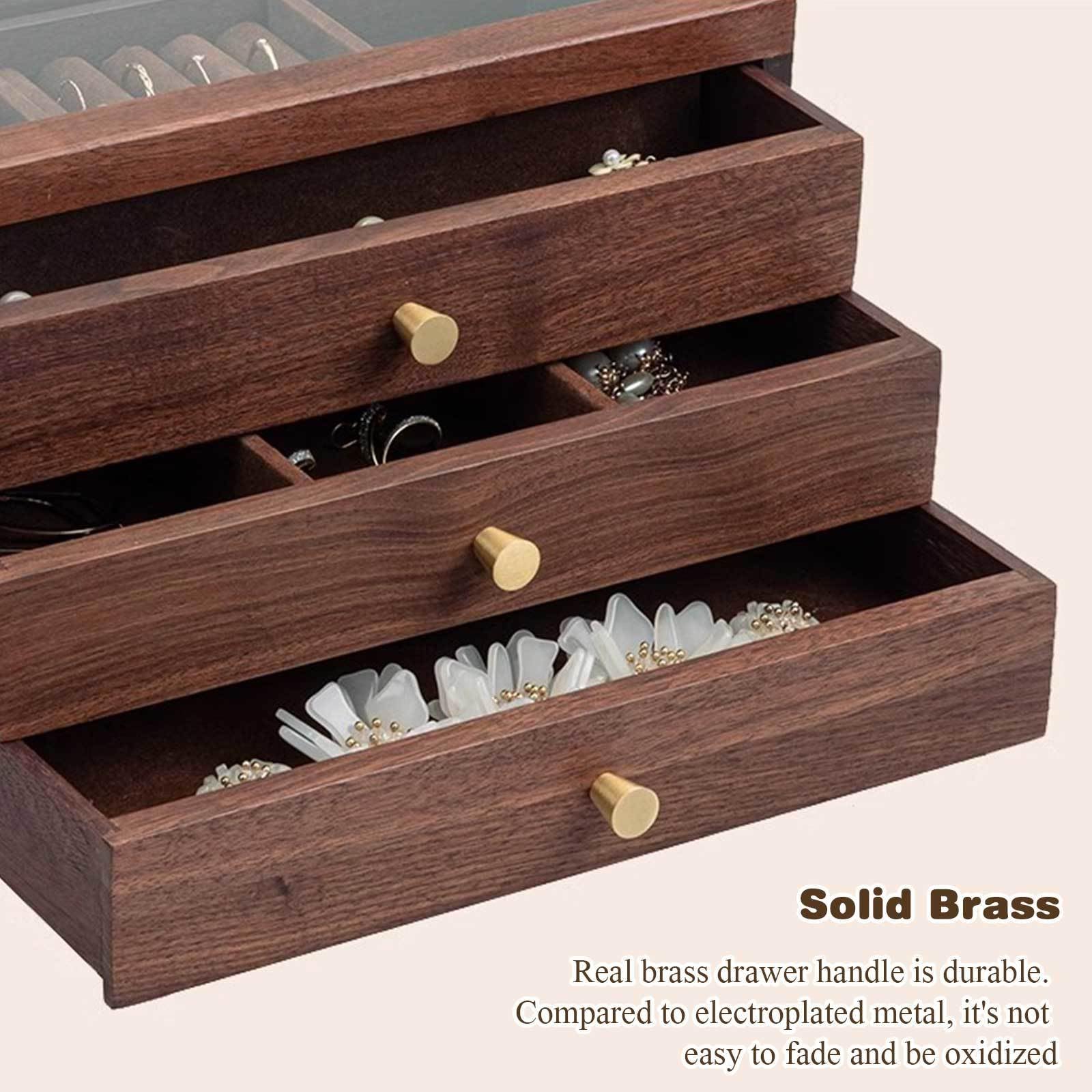 Pudełko na biżuterię, Wooden Jewelry Box With Glass Lid Organizer Drawers Multi-Compartment 3-Layer Walnut Color