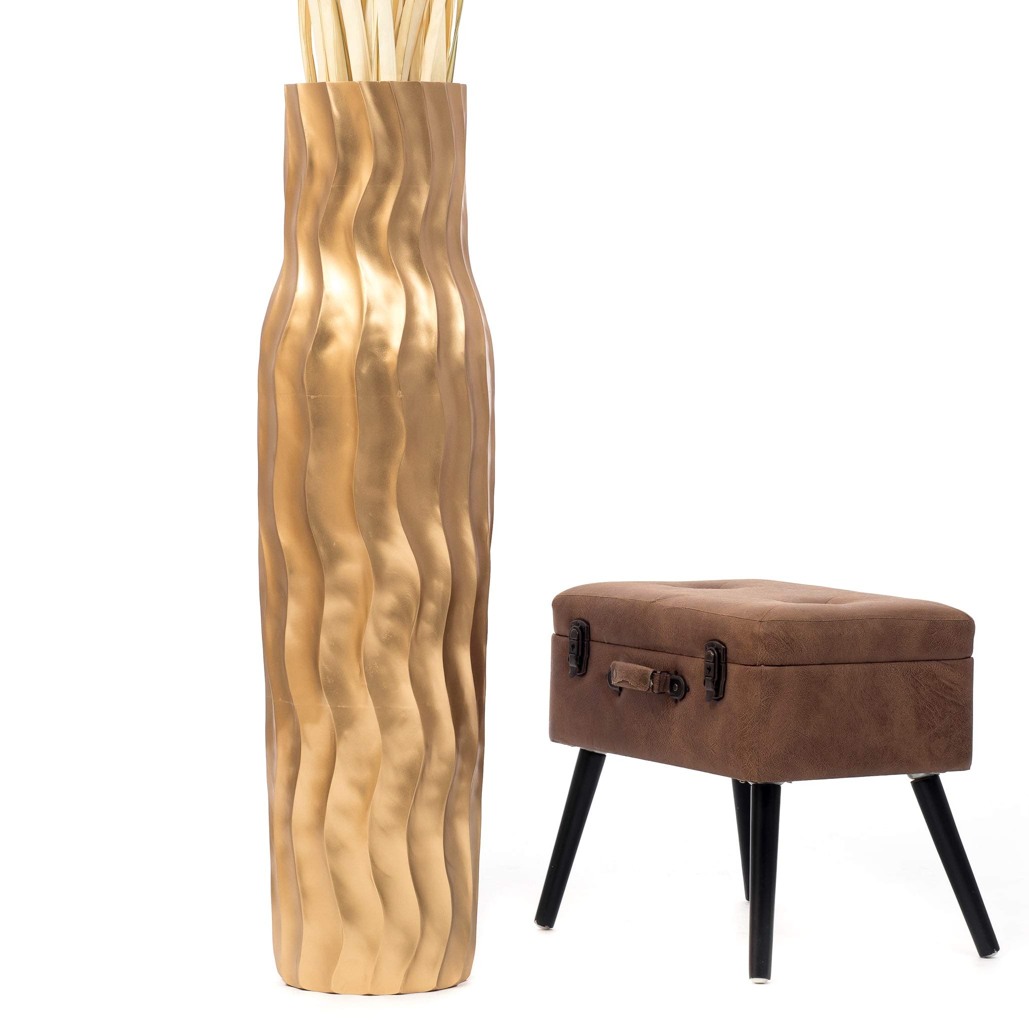 Leewadee Große Bodenvase 105 cm Mangoholz für Pampasgras & Trockenblumen | Dekovase fürs Wohnzimmer, für Zweige & Trockengräser - bruchfester als Keramik, kein Wasser. Boho