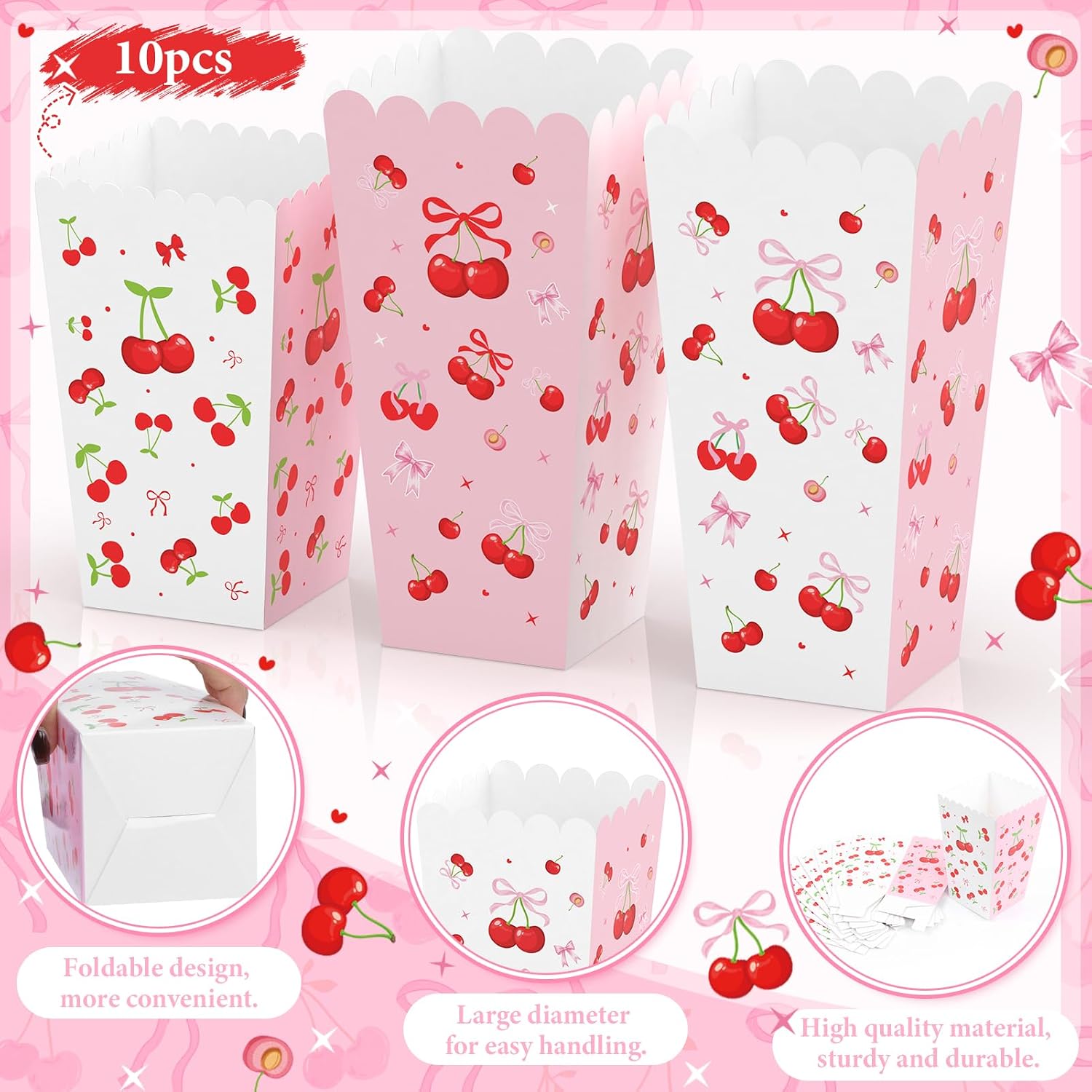 K KUMEED 20 PCS Cherry Party Supplies,Cherry Popcorn Favor Boxes,Summer Fruit Cute Cherry Birthday Decorations Popcorn Bowls Popcorn Buckets Popcorn Bags for Baby Shower Daily Holiday (Medium) image 3