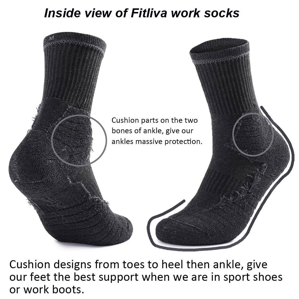 Fitliva Work Socks Women for Steel Toe Boots Calcetines Para Hombre de Trabajo Grey Hiking Socks Size 6-9 6 Pack Gray