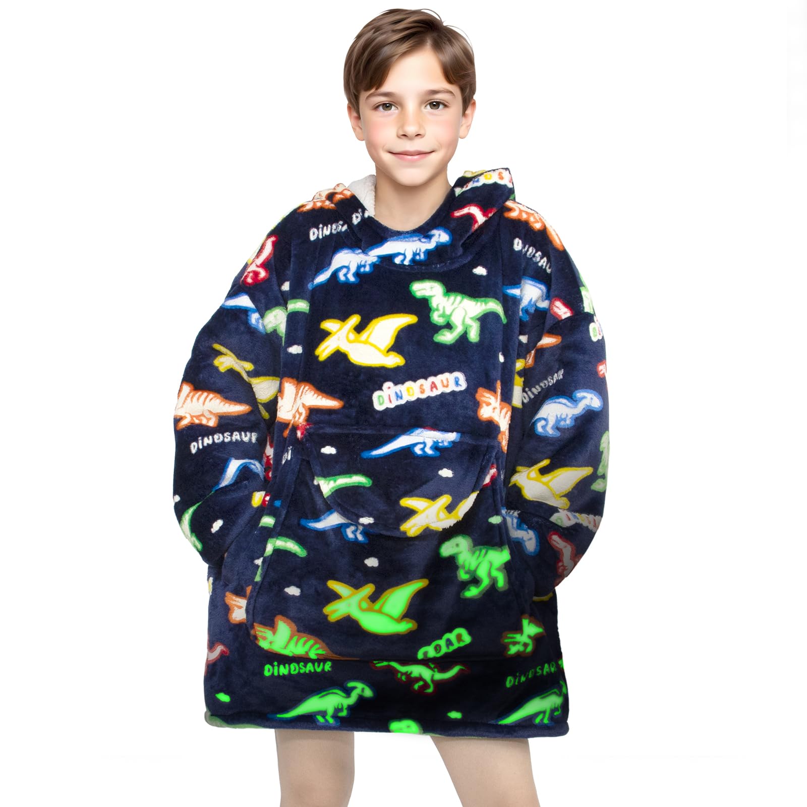 REXEO Wearable Blanket Hoodie for Kids Fleece Sweatshirt Blanket Dinosaur Gifts for Boys Girls Flannel Hooded Blanket with Pocket and Sleeves for Kids