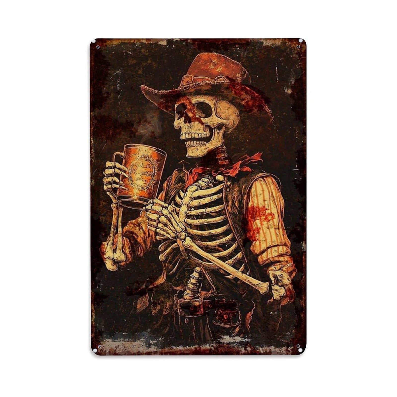 Jdfenggu Vintage Skeleton Cowboy Holding Mug Retro Metal Tin Sign, Decor Art Poster For Bar, Home, Man Cave, Kitchen, Laundry Room Gift 8X12inch
